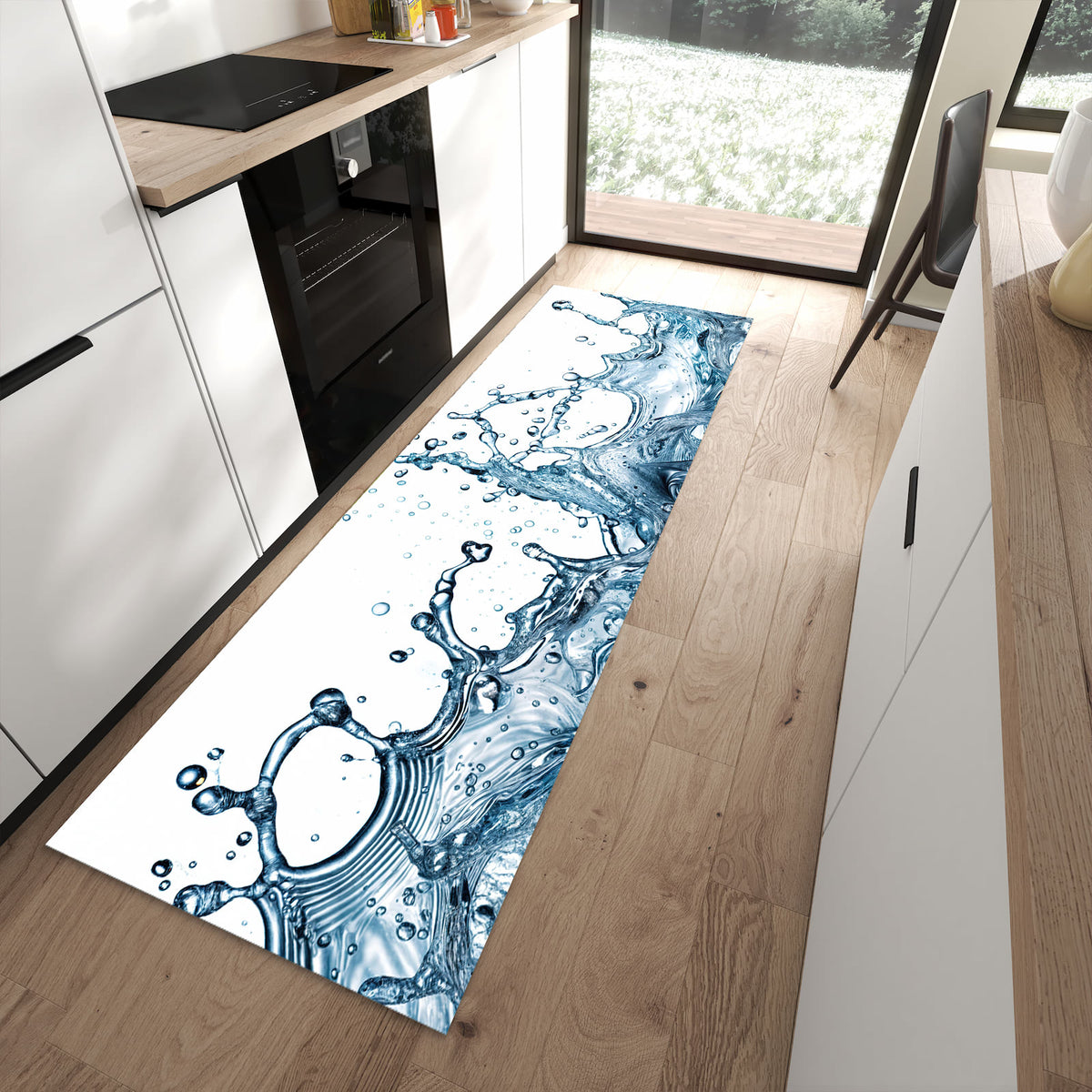 UV-beständiger dünner Teppich mit Motiv Wasserspritzer in moderner Küche