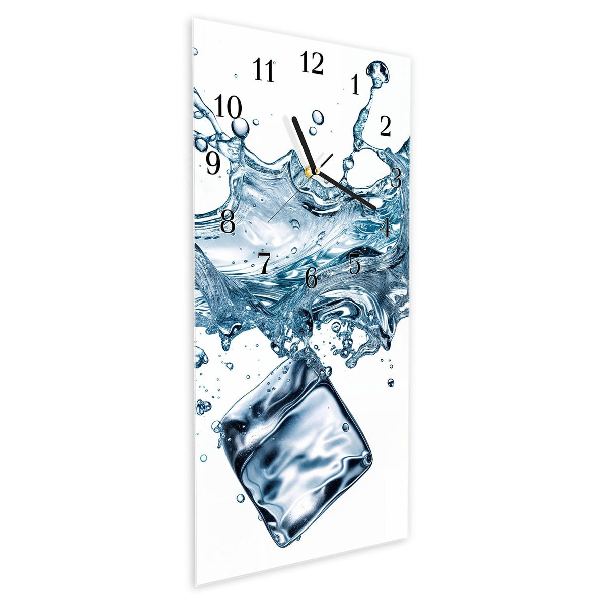 Vormontiert – mit Schwebeeffekt – Wanduhr Wasserspritzer aus Glas – Hochformat 30 × 60 cm