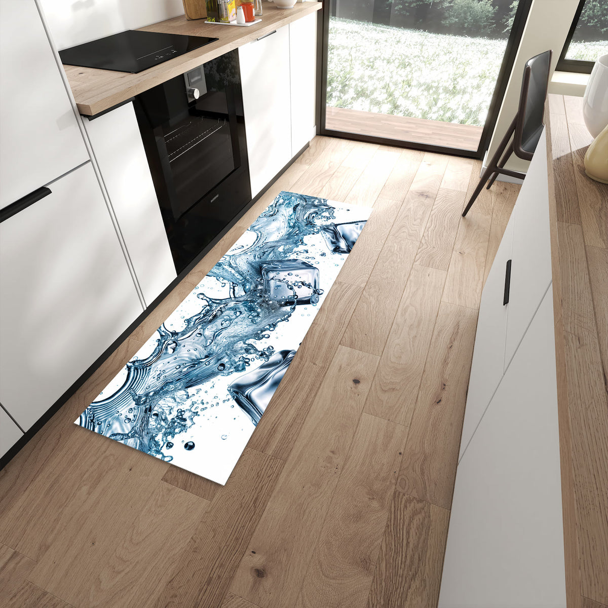 Farbbeständiger Teppichläufer mit Motiv Wasserspritzer in moderner Küche