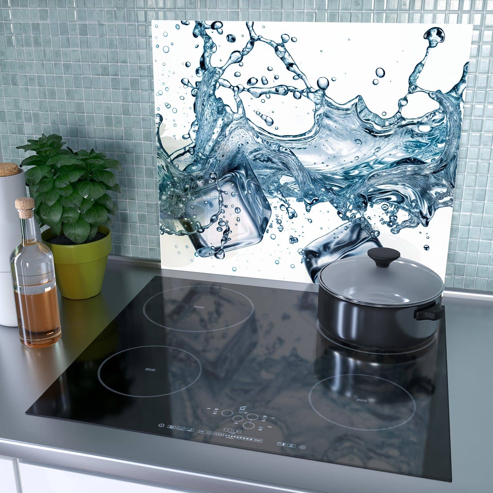 1-teilige Abdeckplatten für Ceranfeld mit Wasserspritzer-Motiv als Spritzschutz hinter dem Kochfeld