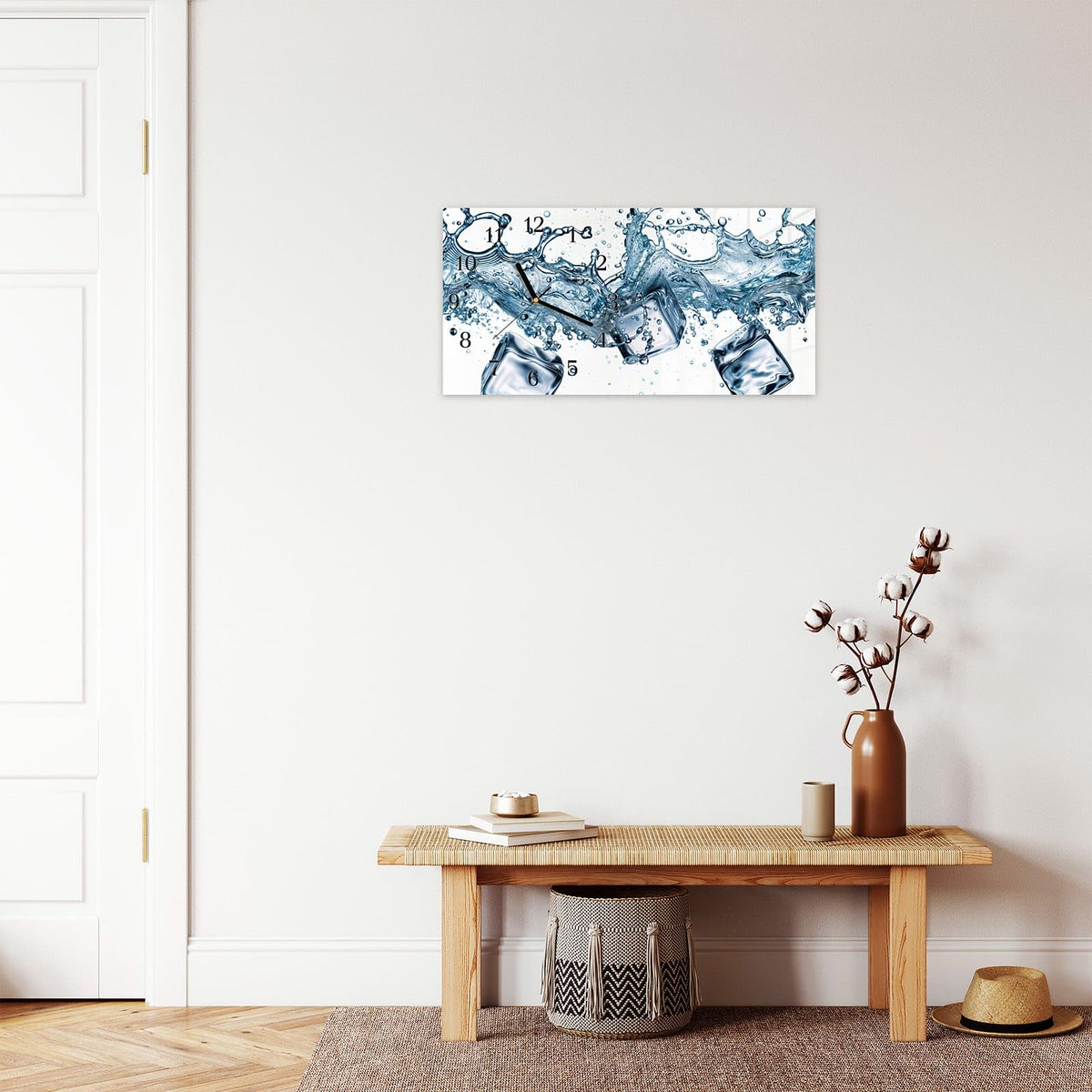 Moderne Wanduhr aus Glas mit Farbtiefe – Wanduhr Wasserspritzer aus Glas – Querformat 60 × 30 cm