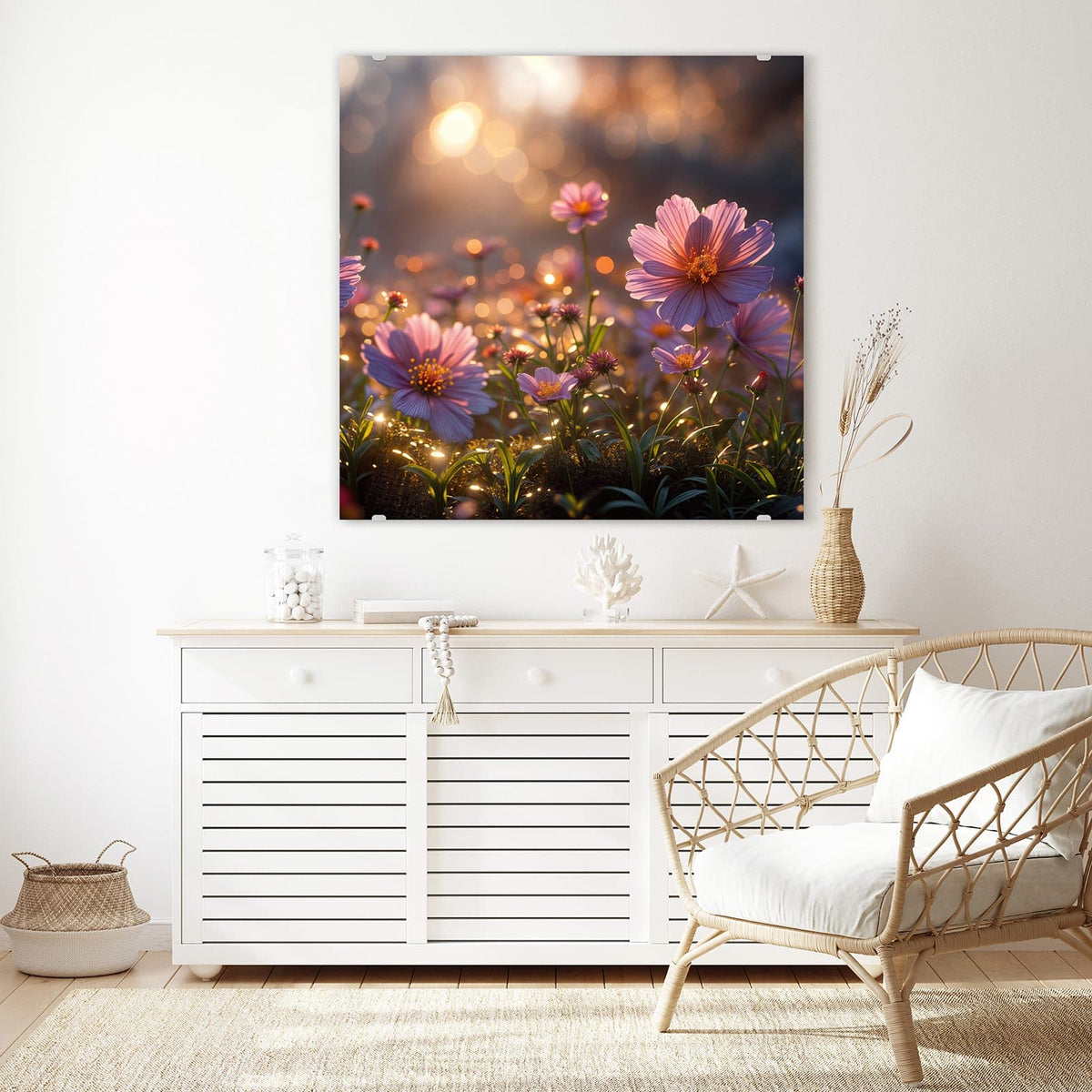 Glasbild Rosa Blütenwiese an der Wand – rosa Kosmeen-Wiese mit Gräsern in warmem Gegenlicht und goldenem Bokeh
