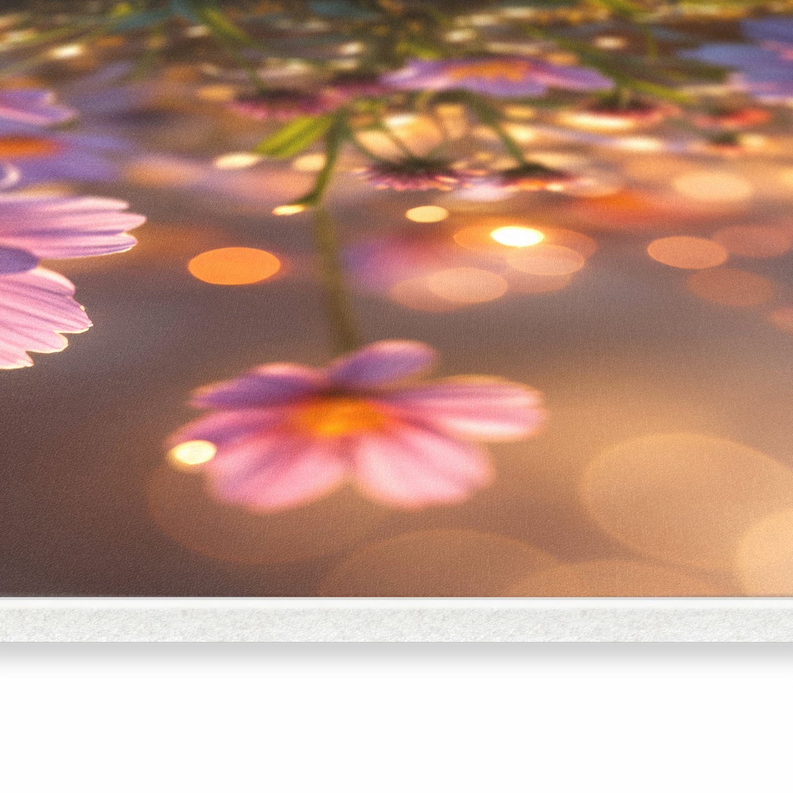 Schmutzabweisender Teppich für Esstisch mit Motiv Blumenwiesebei Sonnenaufgang in seitlicher Ansicht