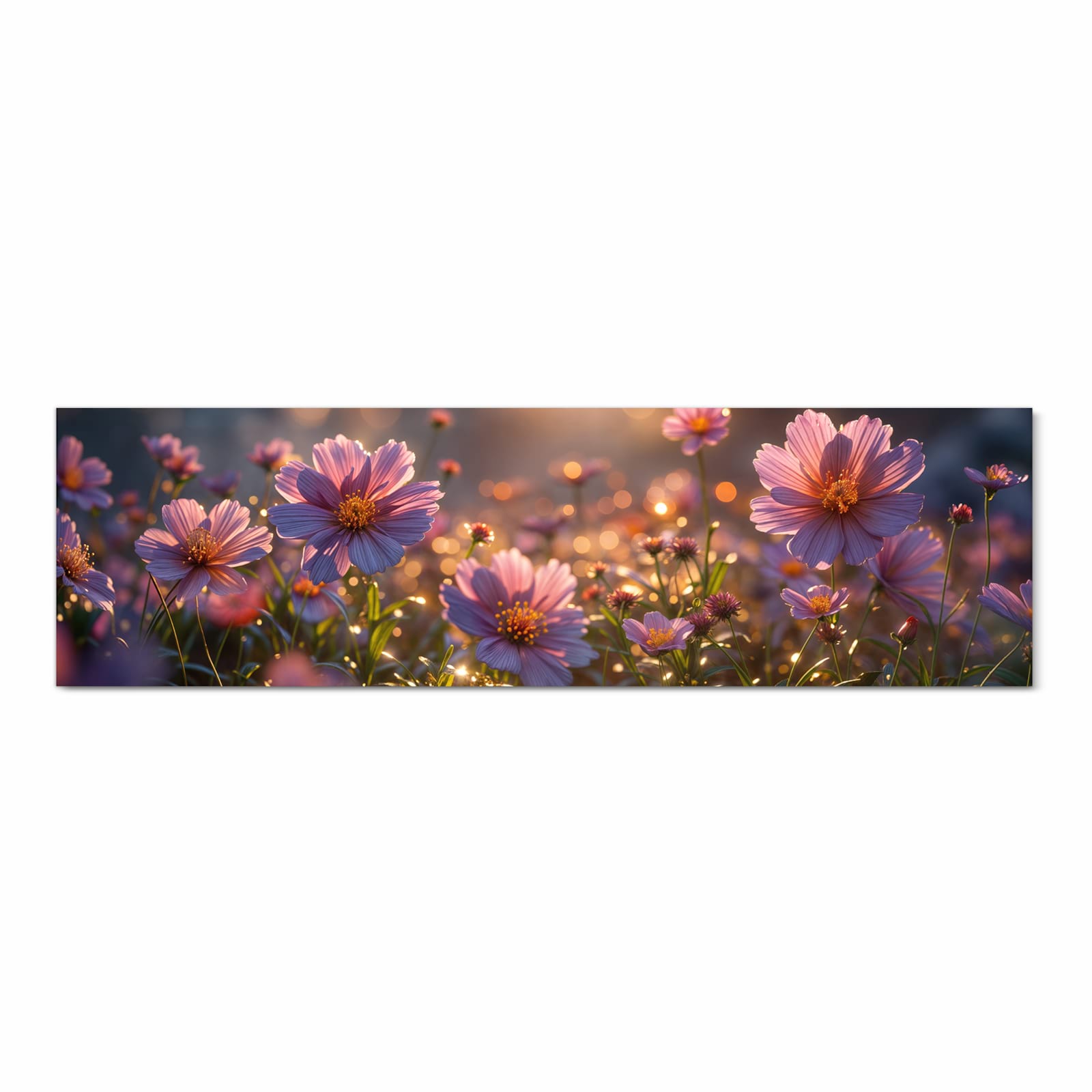 Pflegeleichter Teppichläufer für die Küche mit Motiv Blumenwiesebei Sonnenaufgang in Frontansicht