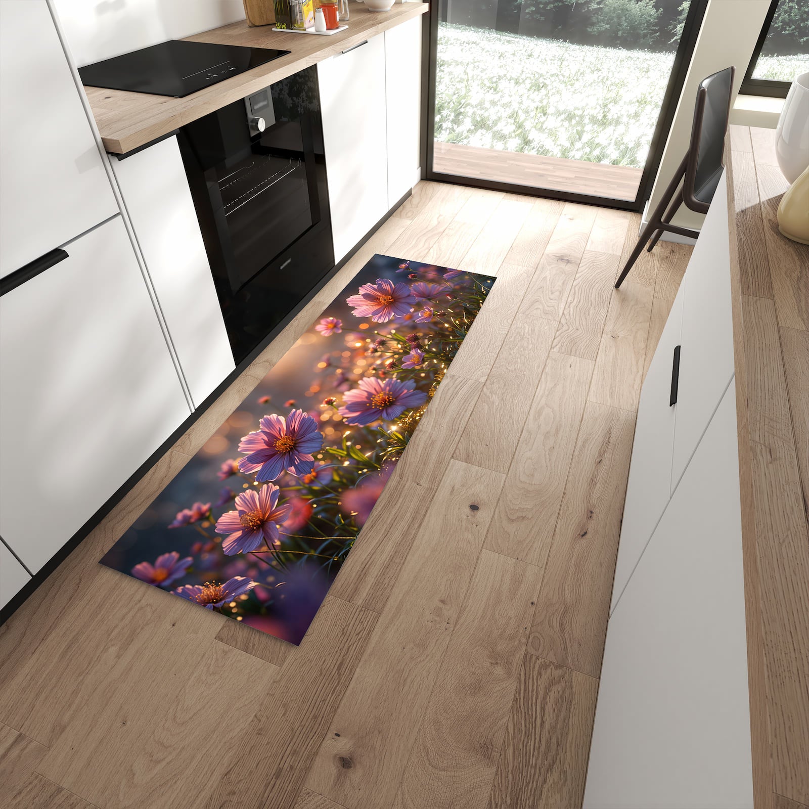 Komfortabler Küchenteppich mit Motiv Blumenwiesebei Sonnenaufgang in moderner Küche