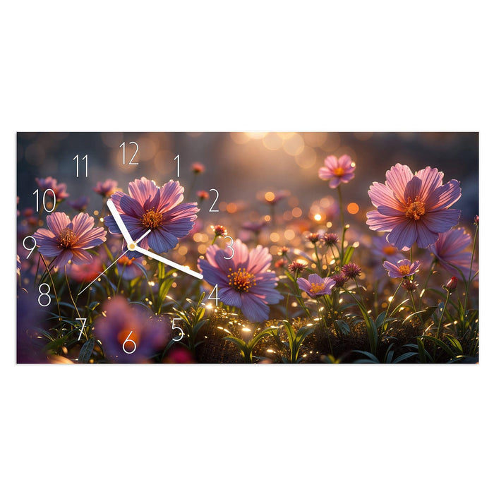 Wanduhr Blumenwiesebei Sonnenaufgang aus Glas – Querformat 60 × 30 cm mit Ziffernblatt Elegant