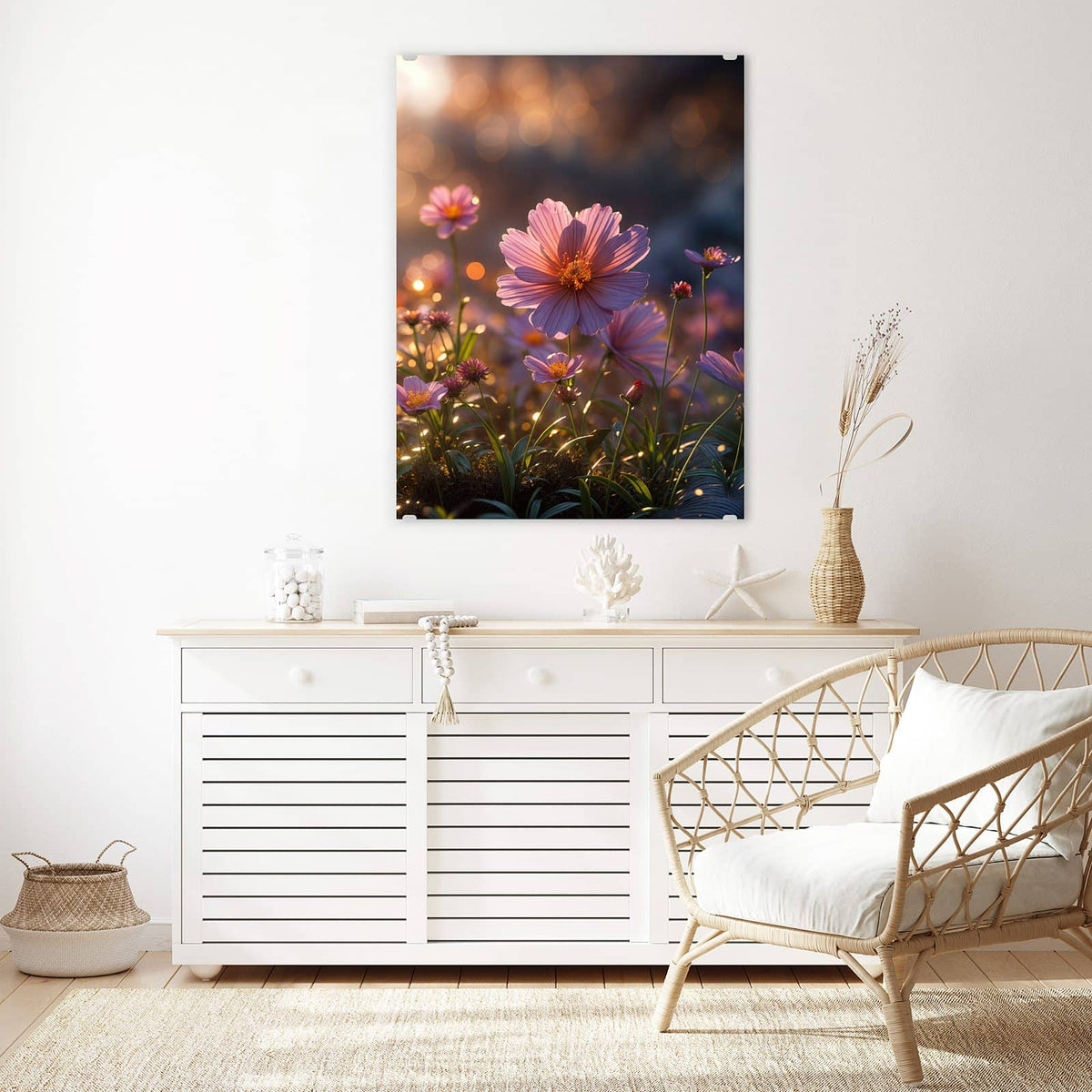 Aufhängung liegt bei – Motiv später wechselbar – Wandbild - Rosa Blütenwiese - Hochformat