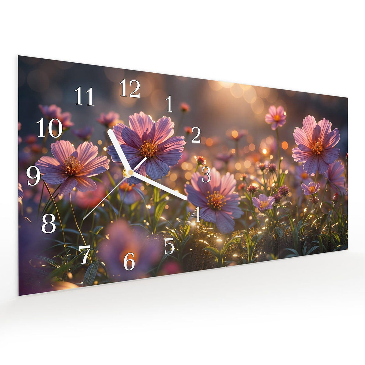 Vormontiert – mit Schwebeeffekt – Wanduhr Blumenwiesebei Sonnenaufgang aus Glas – Querformat 60 × 30 cm