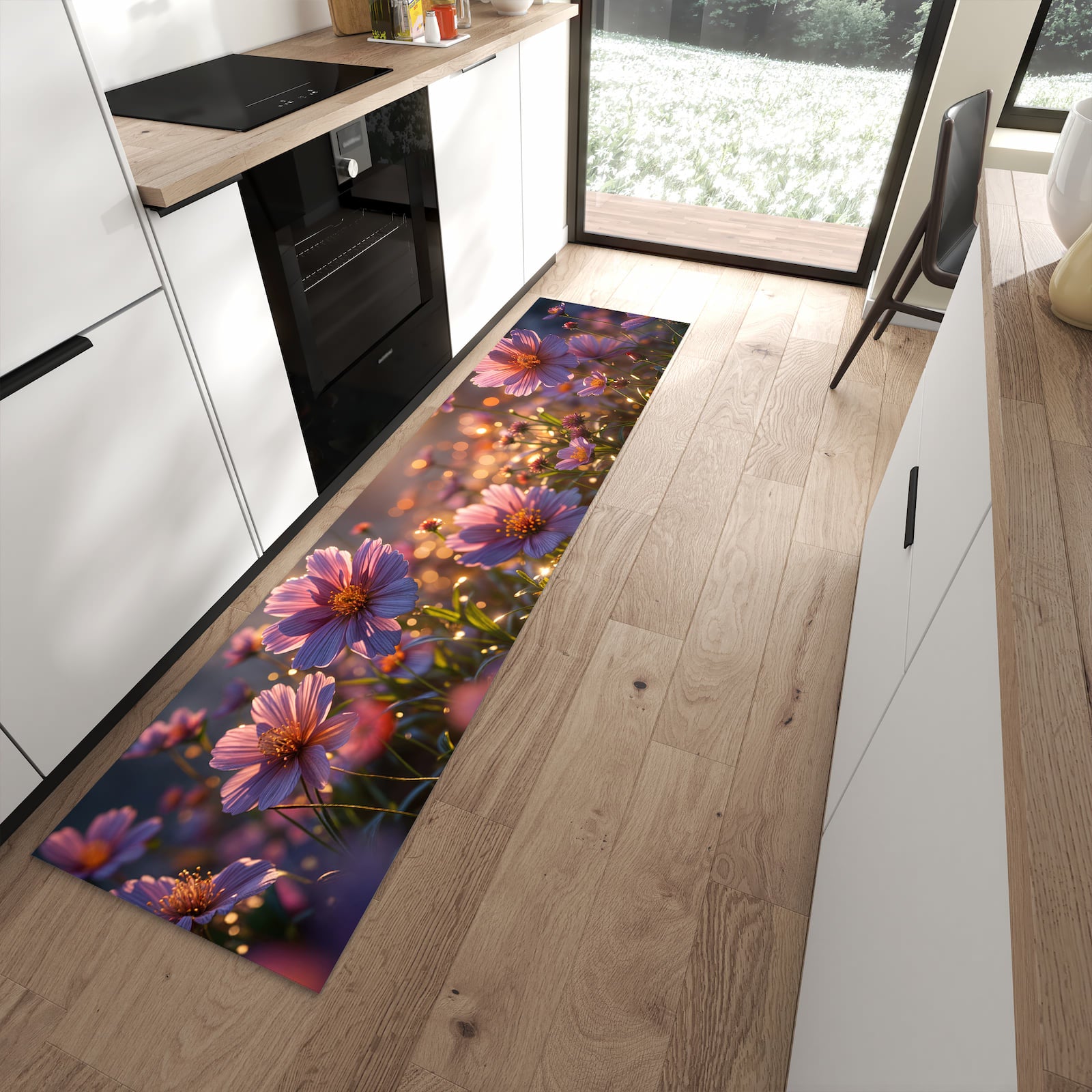 Rutschfester Küchenteppich mit Motiv Blumenwiesebei Sonnenaufgang in moderner Küche