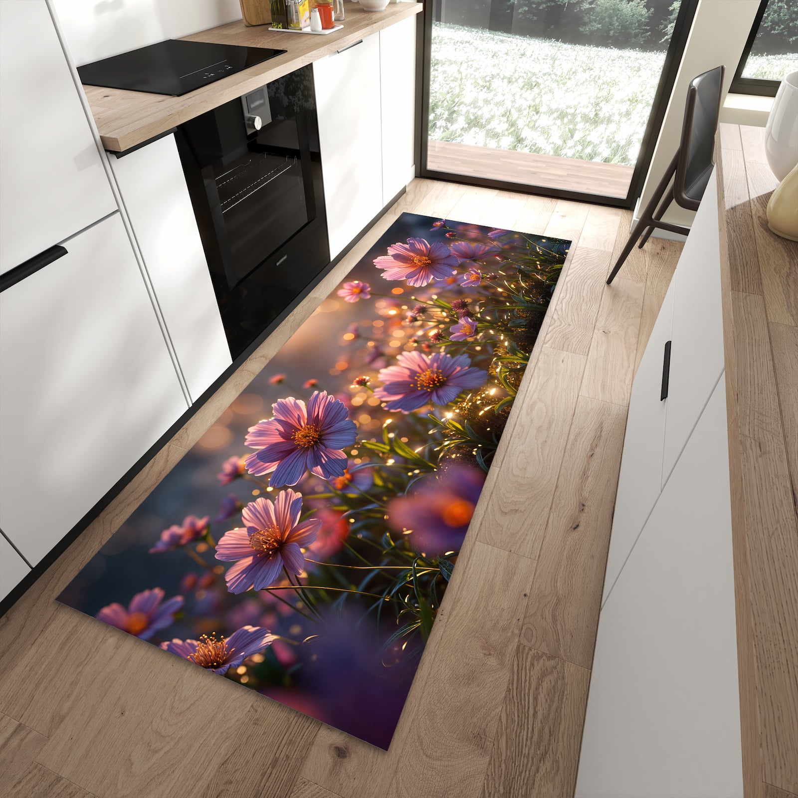 Bodenschonender Küchenteppich mit Motiv Blumenwiesebei Sonnenaufgang in moderner Küche