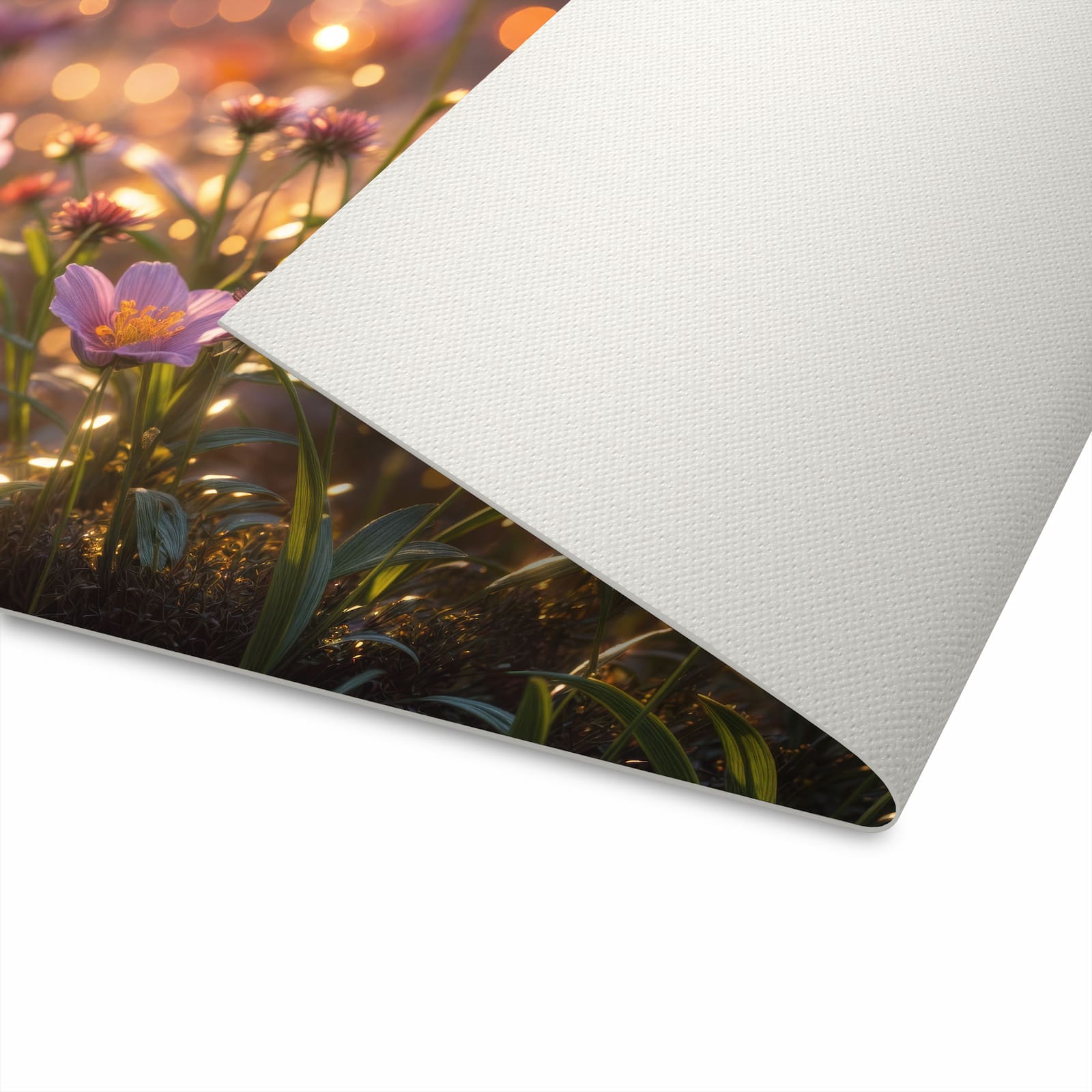 Geräuschdämpfender dünner Teppich mit Motiv Blumenwiesebei Sonnenaufgang auf Unterseite