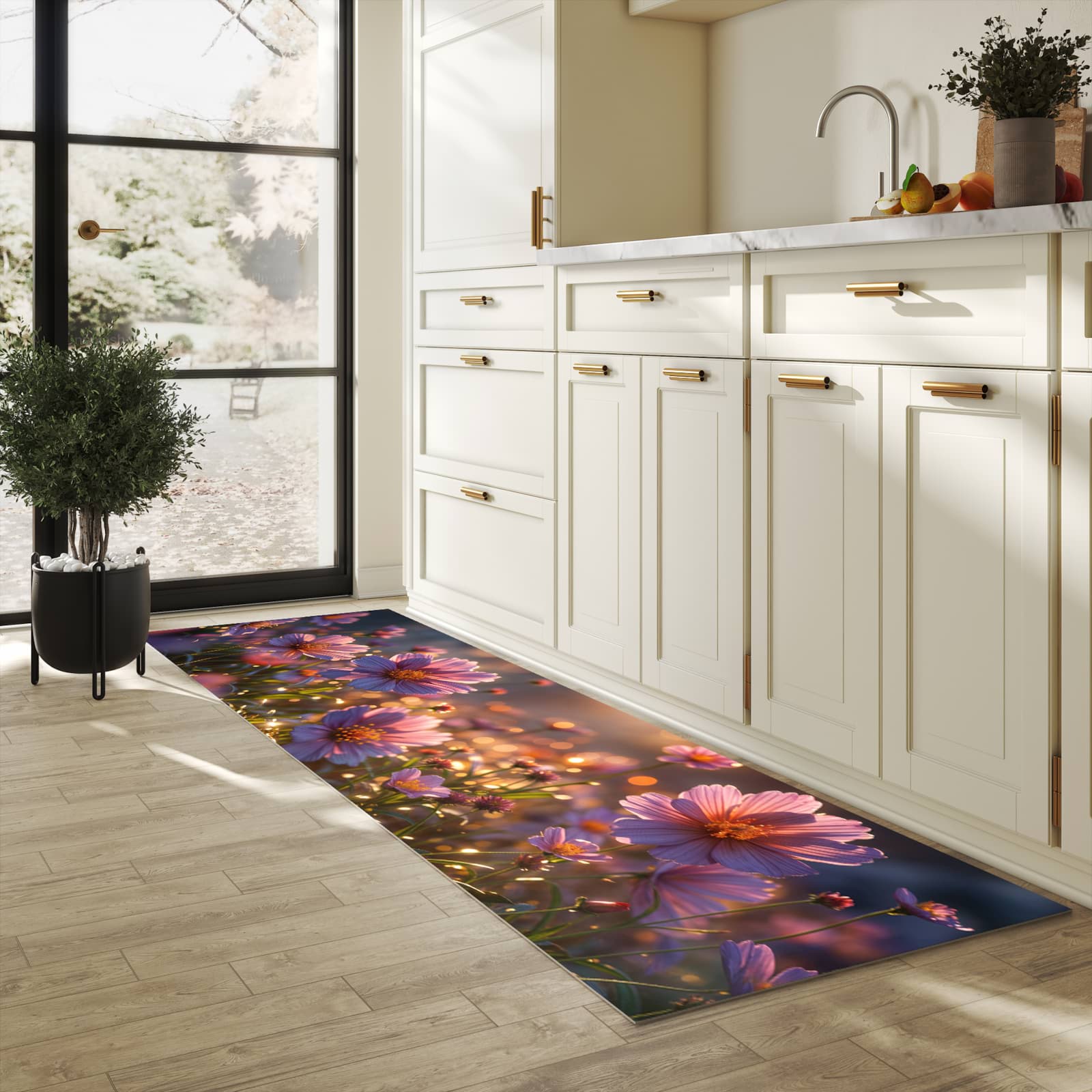 UV-beständiger Teppichläufer mit Motiv Blumenwiesebei Sonnenaufgang in heller Küche