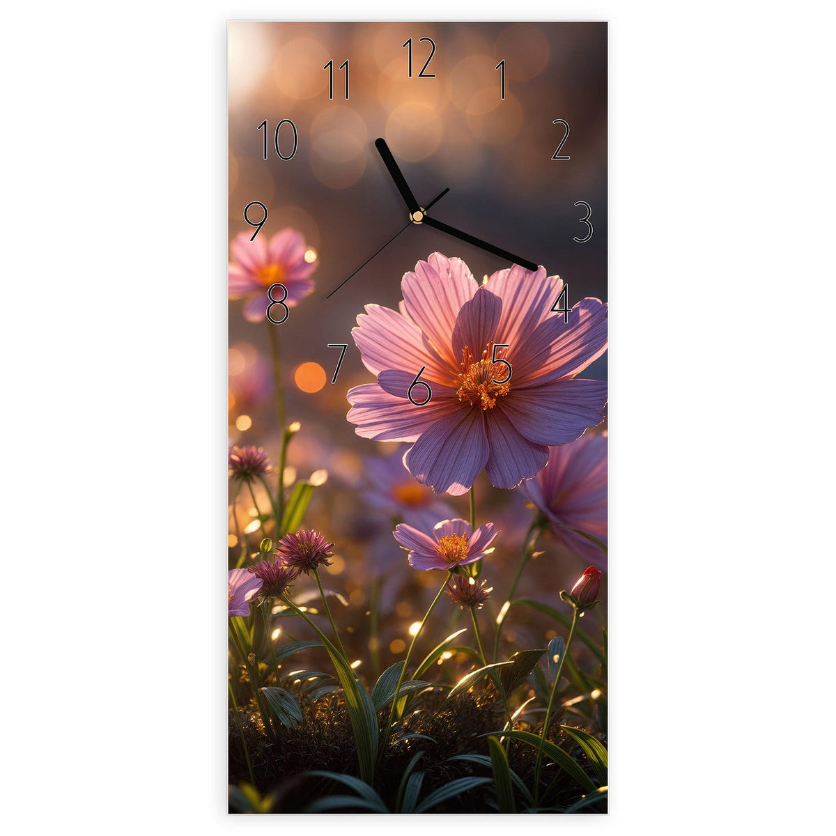 Wanduhr aus Glas, Ziffernblatt Elegant mit Motiv Rosa Blütenwiese: Rosa Kosmeen-Wiese mit Gräsern in warmem Gegenlicht und goldenem Bokeh #ziffernblatt_Elegant