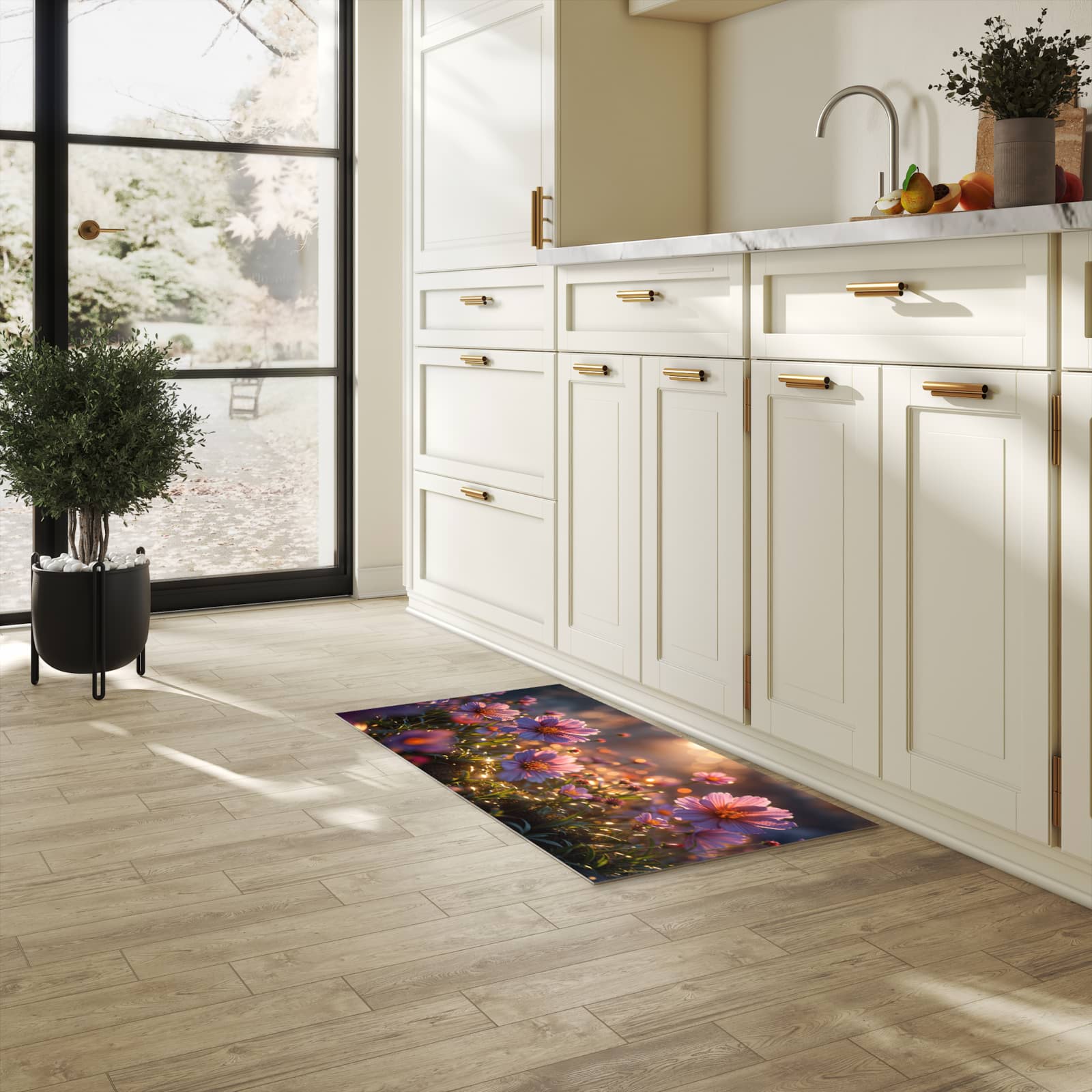 Bodenschonender Küchenteppich mit Motiv Blumenwiesebei Sonnenaufgang in heller Küche