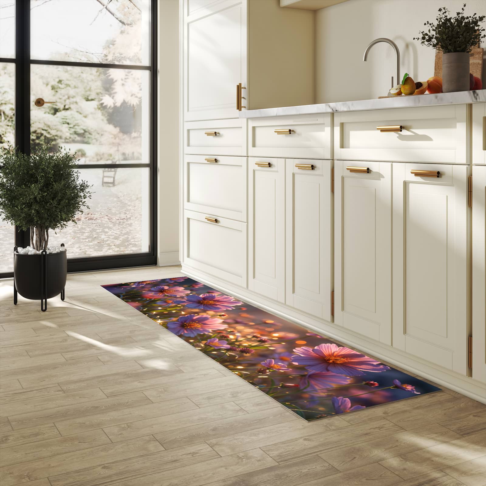 Farbbeständiger Küchenläufer mit Motiv Blumenwiesebei Sonnenaufgang in heller Küche