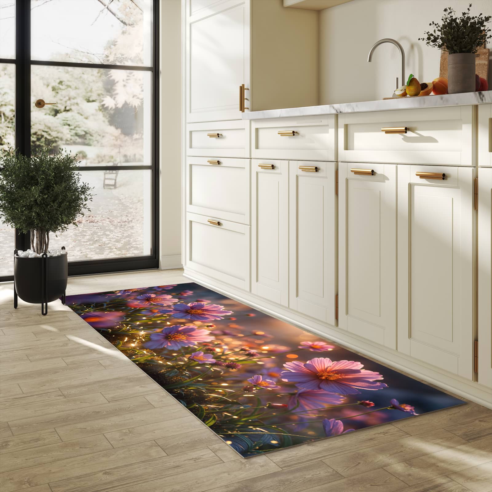 Fleckenresistenter langer Teppich mit Motiv Blumenwiesebei Sonnenaufgang in heller Küche