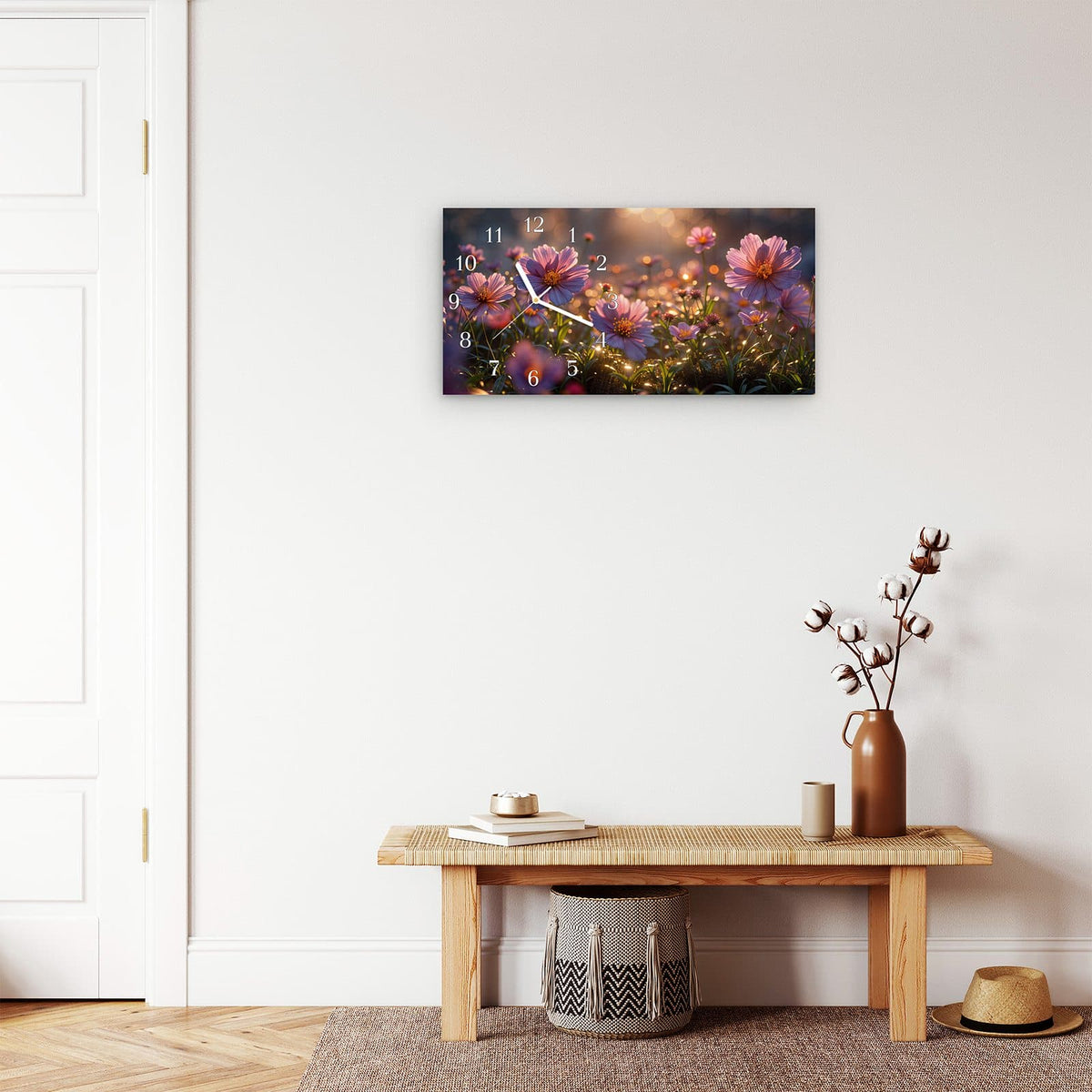 Moderne Wanduhr aus Glas mit Farbtiefe – Wanduhr Blumenwiesebei Sonnenaufgang aus Glas – Querformat 60 × 30 cm