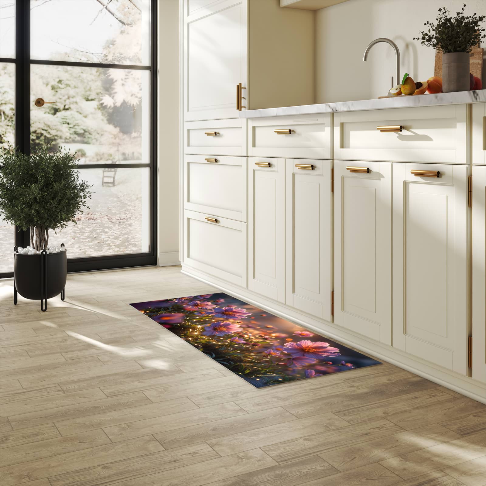 Läufer für die Küche mit Motiv Blumenwiesebei Sonnenaufgang in heller Küche für Ordnung