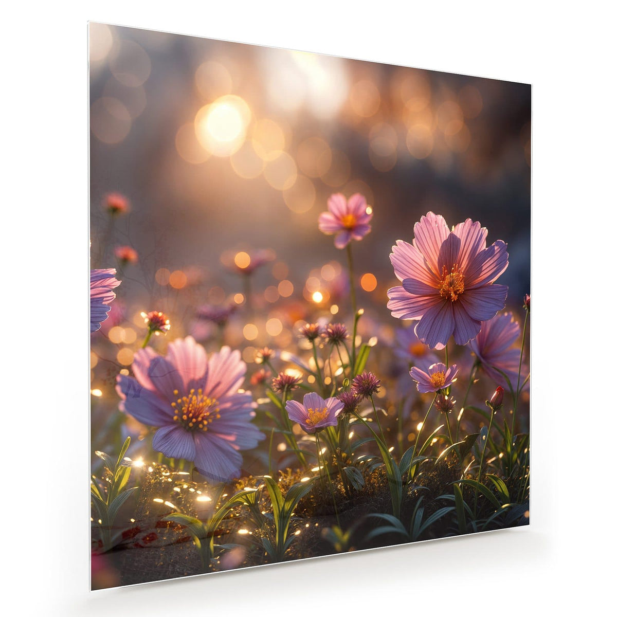 rosa Kosmeen-Wiese mit Gräsern in warmem Gegenlicht und goldenem Bokeh