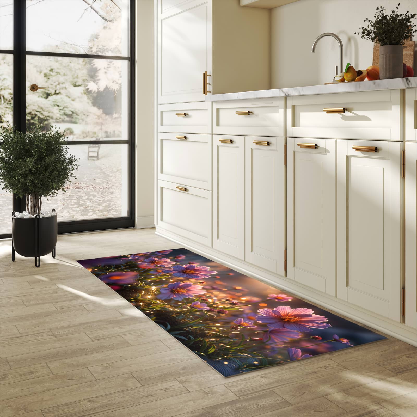 Geräuschdämpfender Küchenläufer mit Motiv Blumenwiesebei Sonnenaufgang in heller Küche