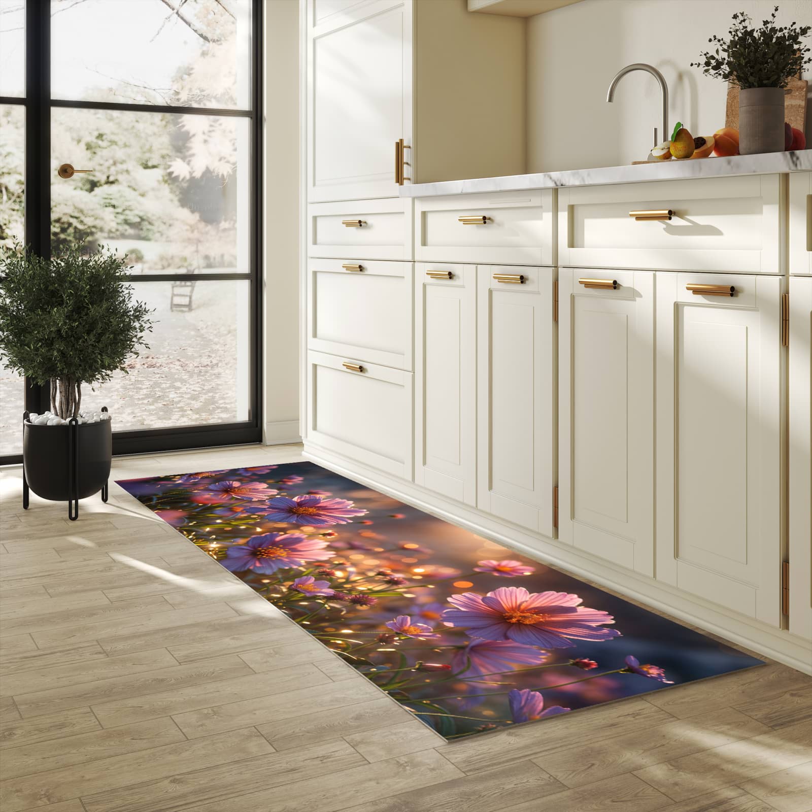 Abriebfester Küchenläufer mit Motiv Blumenwiesebei Sonnenaufgang in heller Küche