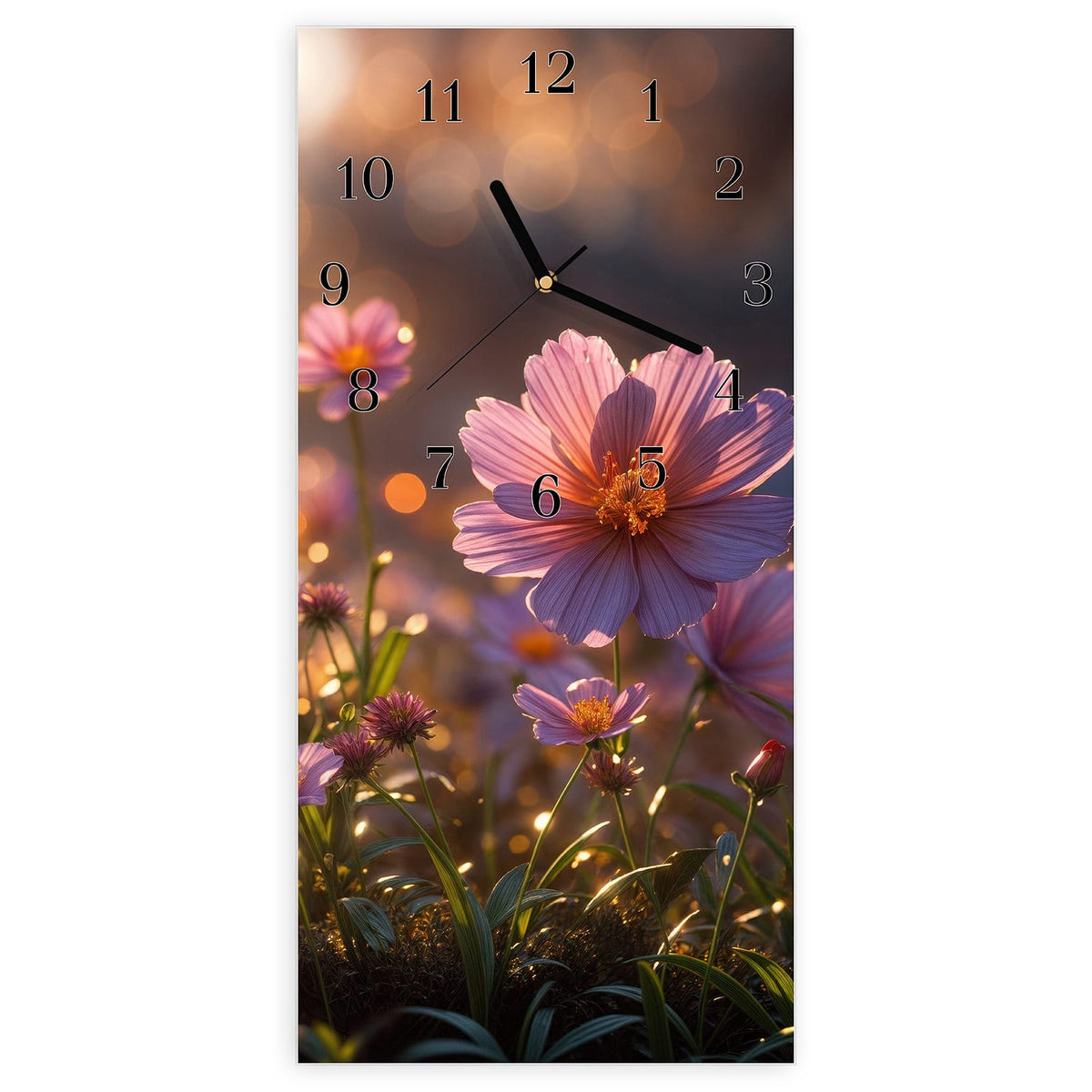 Wanduhr aus Glas, Ziffernblatt Klassisch mit Motiv Rosa Blütenwiese: Rosa Kosmeen-Wiese mit Gräsern in warmem Gegenlicht und goldenem Bokeh #ziffernblatt_Klassisch