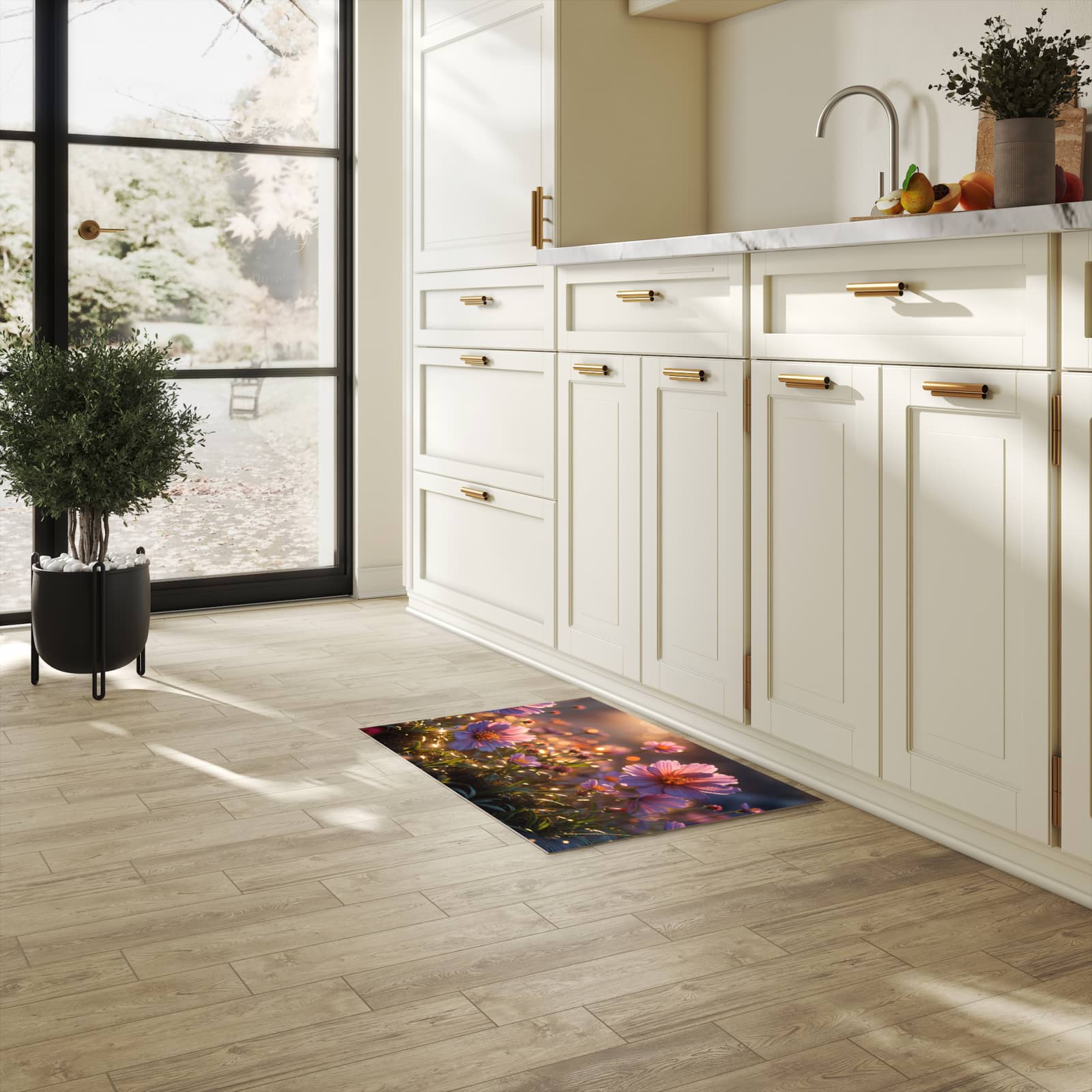 Zeitsparender waschbarer Küchenteppich mit Motiv Blumenwiesebei Sonnenaufgang in heller Küche