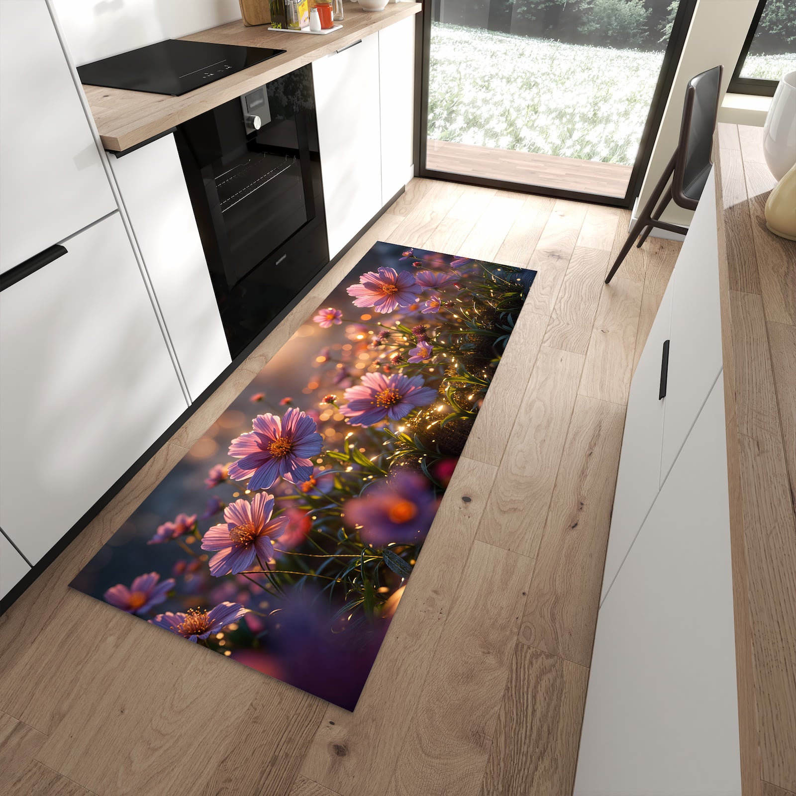 Strapazierfähiger Läufer für die Küche mit Motiv Blumenwiesebei Sonnenaufgang in moderner Küche