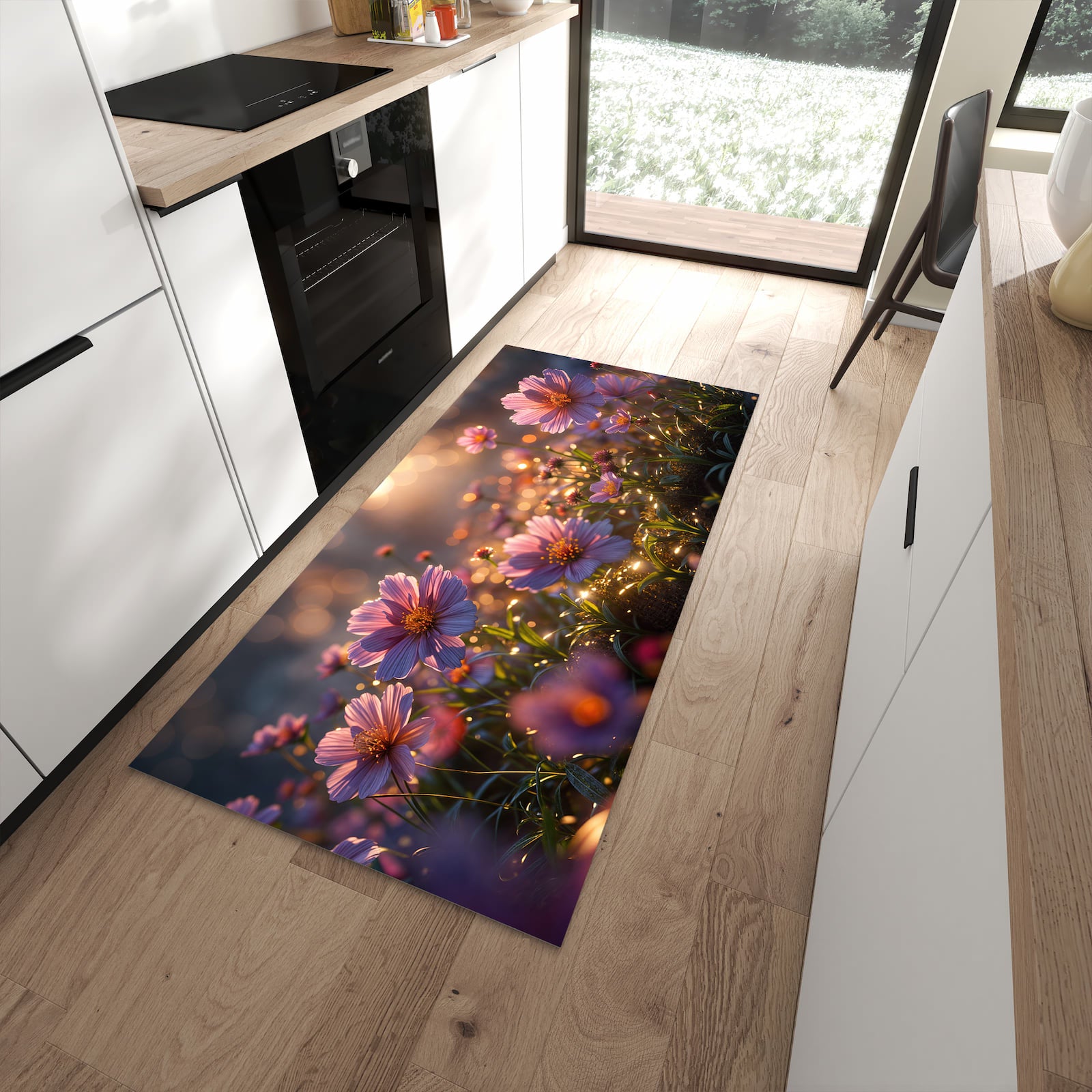 Feuchtigkeitsresistenter Küchenvorleger mit Motiv Blumenwiesebei Sonnenaufgang in moderner Küche
