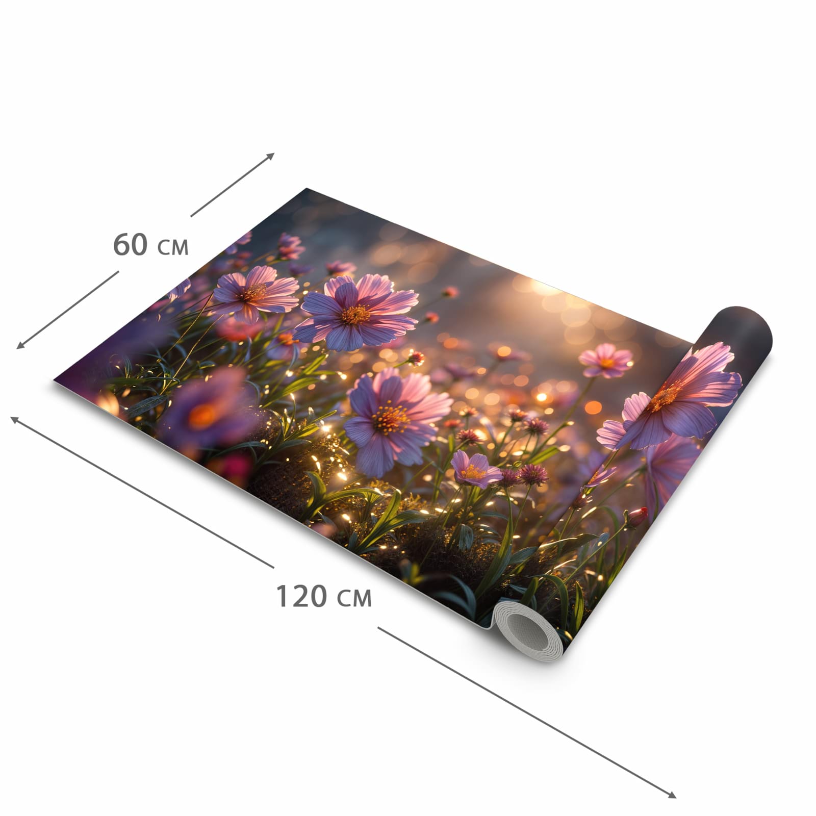 Geräuschdämpfender Teppich für die Küche mit Motiv Blumenwiesebei Sonnenaufgang in der Größe 60x180 cm