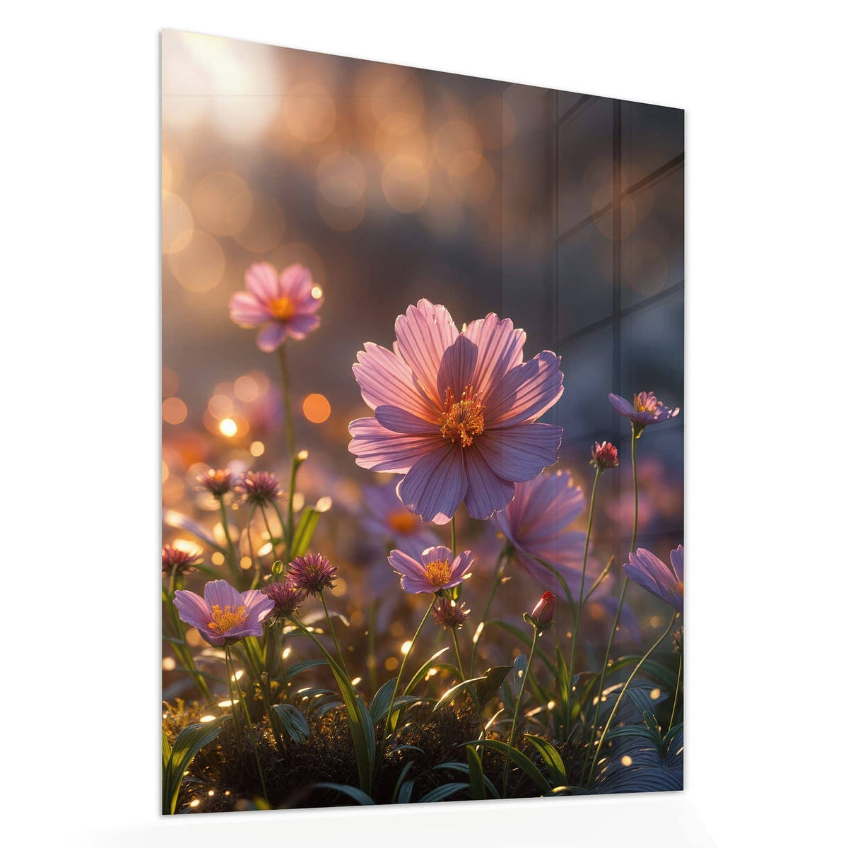 Echtglas, 4 mm – kein Acryl, keine Folie – Wandbild - Rosa Blütenwiese - Hochformat