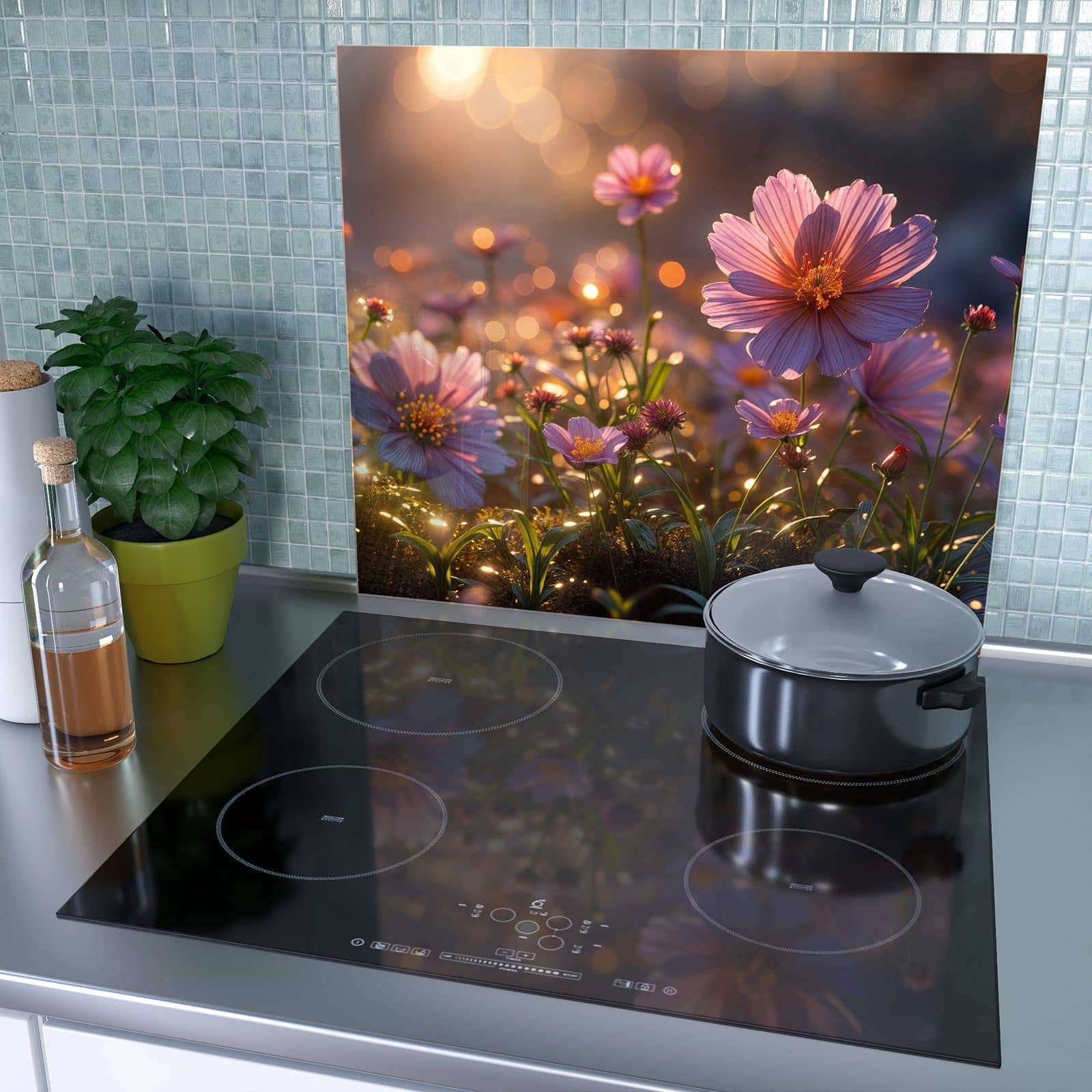 1-teilige Herdabdeckplatte aus Glas mit Blumenwiesebei Sonnenaufgang-Motiv als Spritzschutz hinter dem Kochfeld