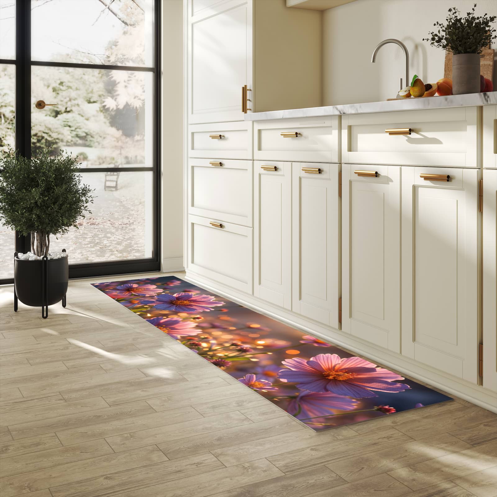 Formstabiler Küchenläufer mit Motiv Blumenwiesebei Sonnenaufgang in heller Küche