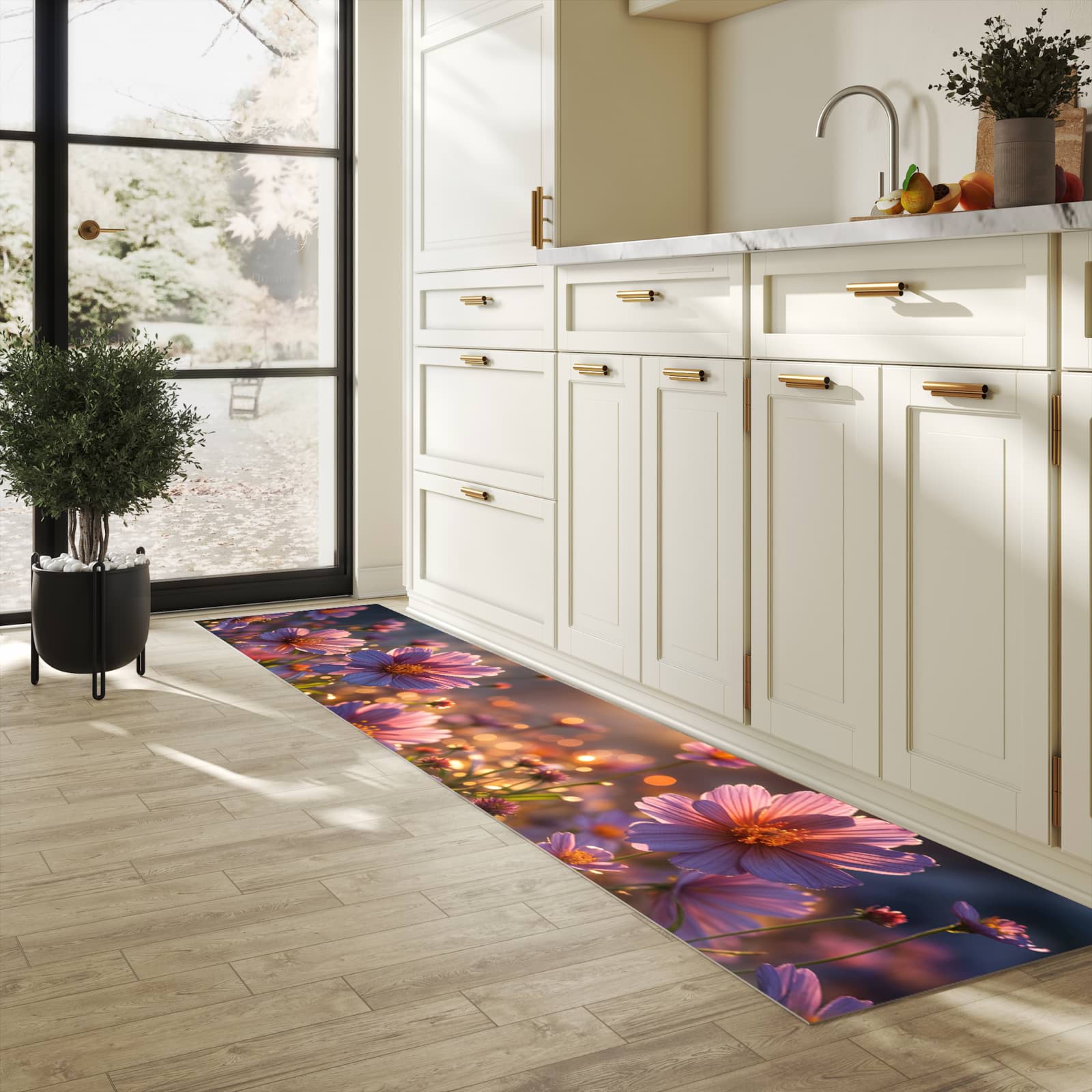 Küchenvorleger mit Motiv Blumenwiesebei Sonnenaufgang in heller Küche für sichere Aufbewahrung