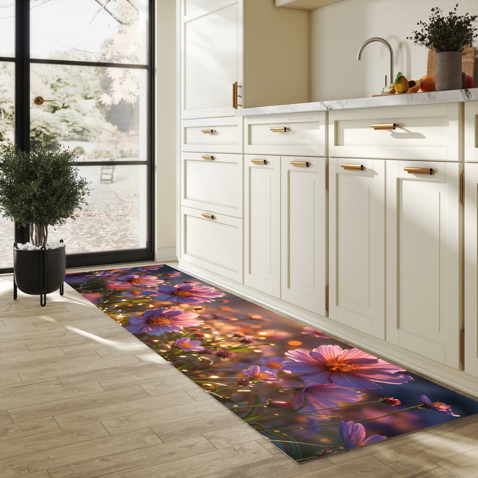 Waschbarer Küchenläufer mit Motiv Blumenwiesebei Sonnenaufgang für Trittkomfort in heller Küche