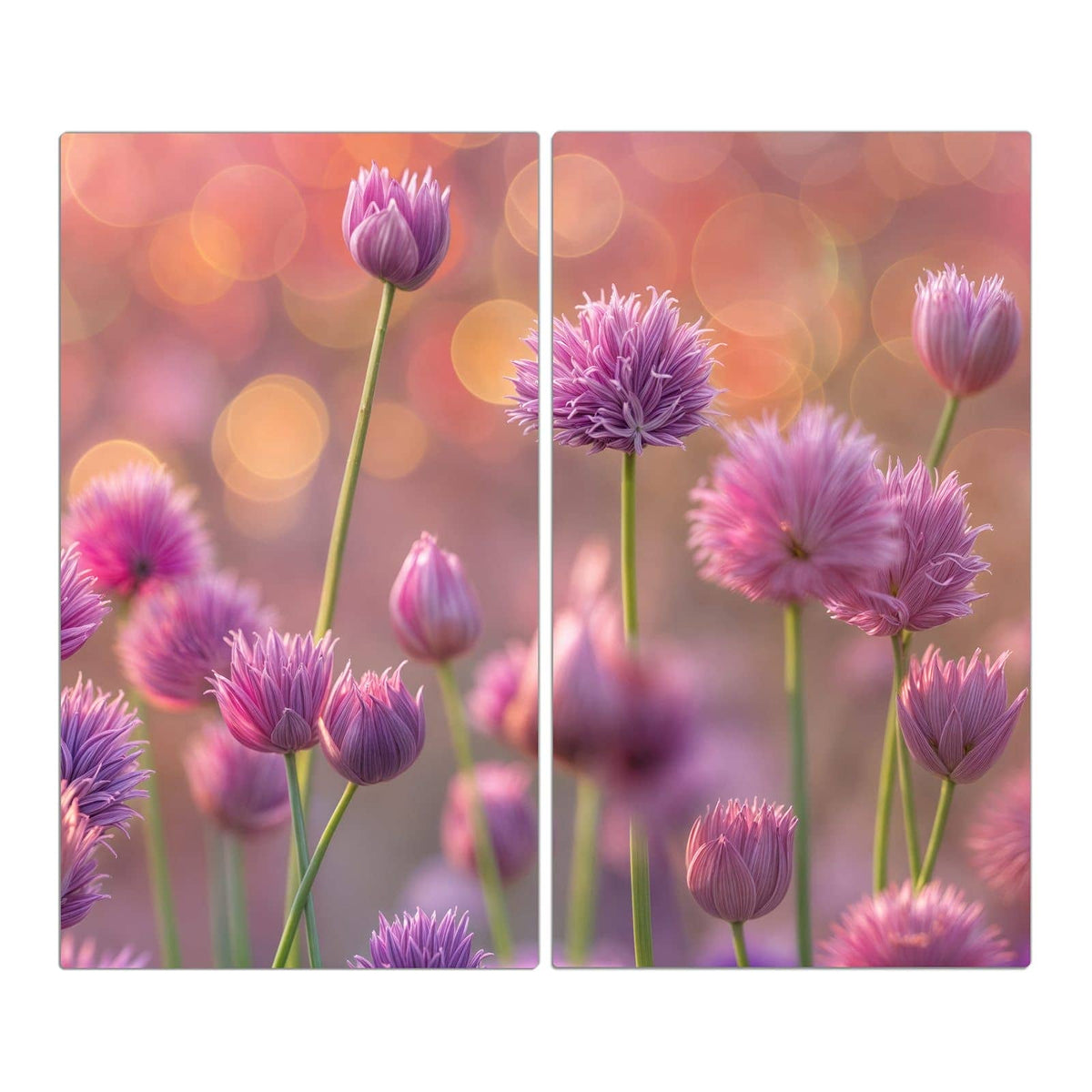 Rosa-violette Lauchblüten auf dünnen Stielen vor warmem orangefarbenem Bokeh