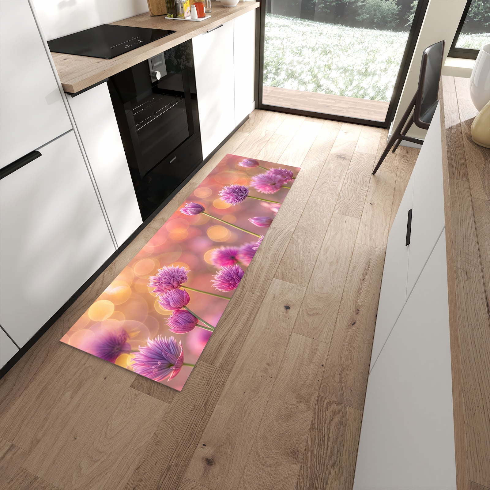 Rutschfester Küchenläufer mit Motiv Blühende Zierlauch für sicheren Stand in moderner Küche