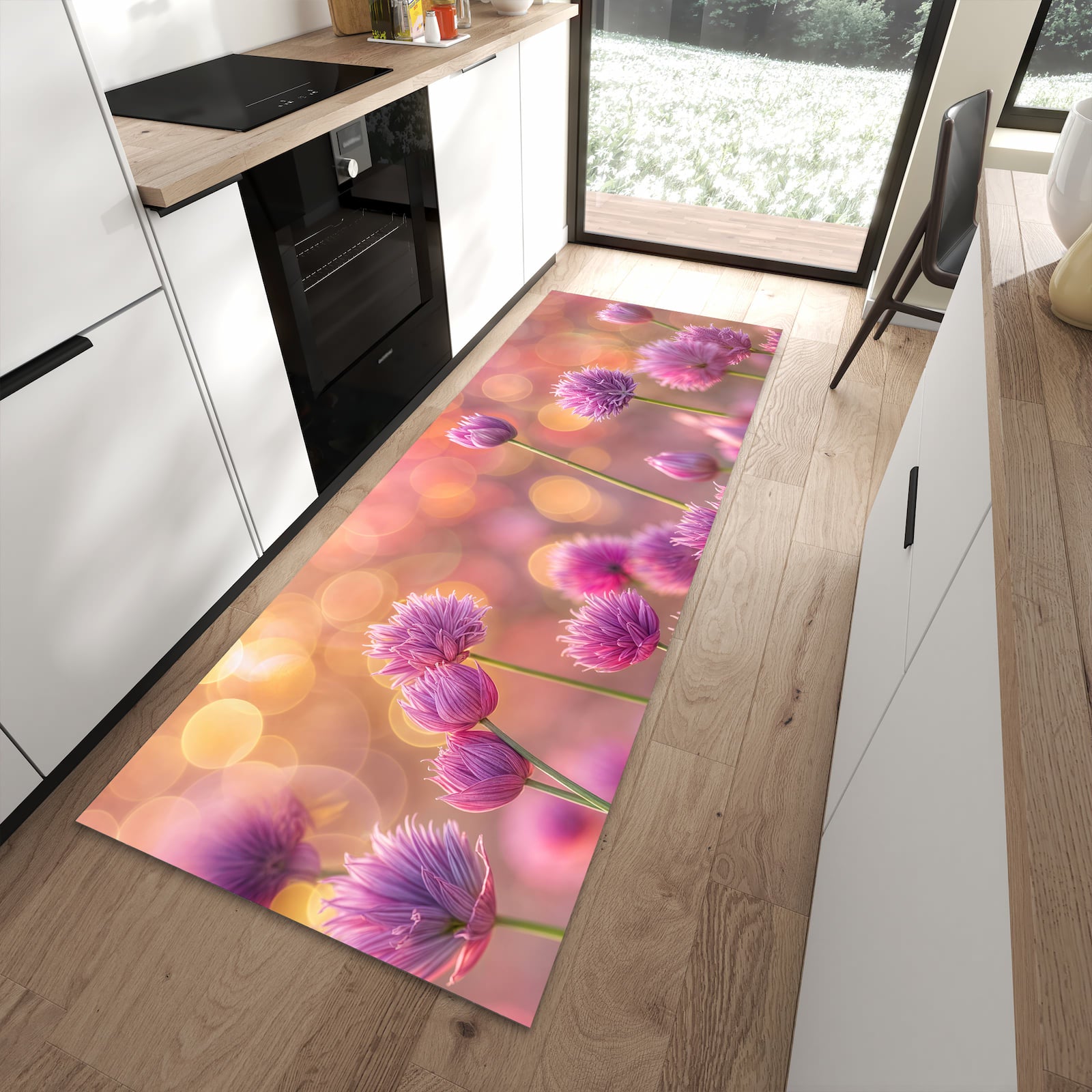 Langlebiger Küchenläufer mit Motiv Blühende Zierlauch in moderner Küche