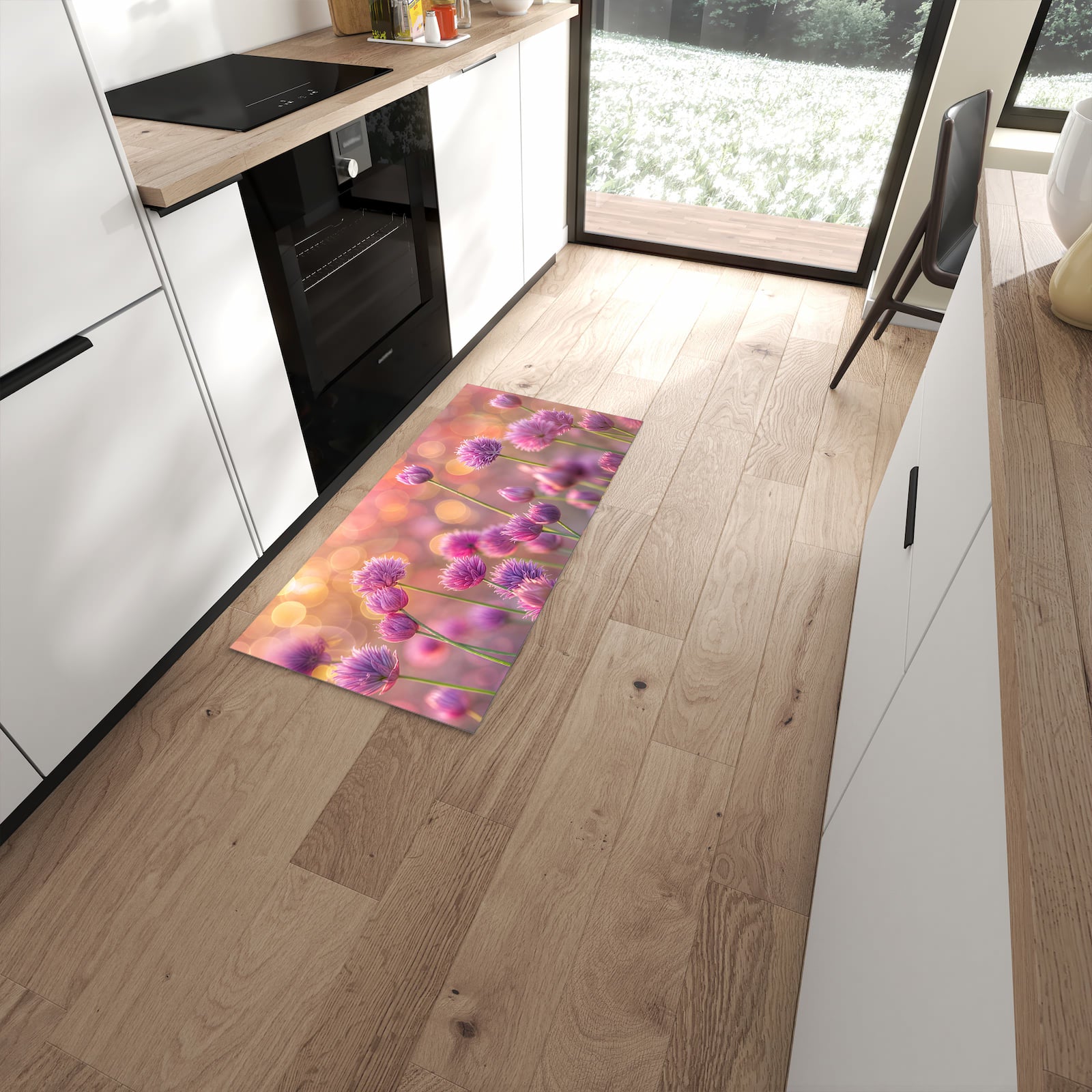 Farbbeständiger waschbarer Küchenläufer mit Motiv Blühende Zierlauch in moderner Küche #grösse_60 x 120 cm