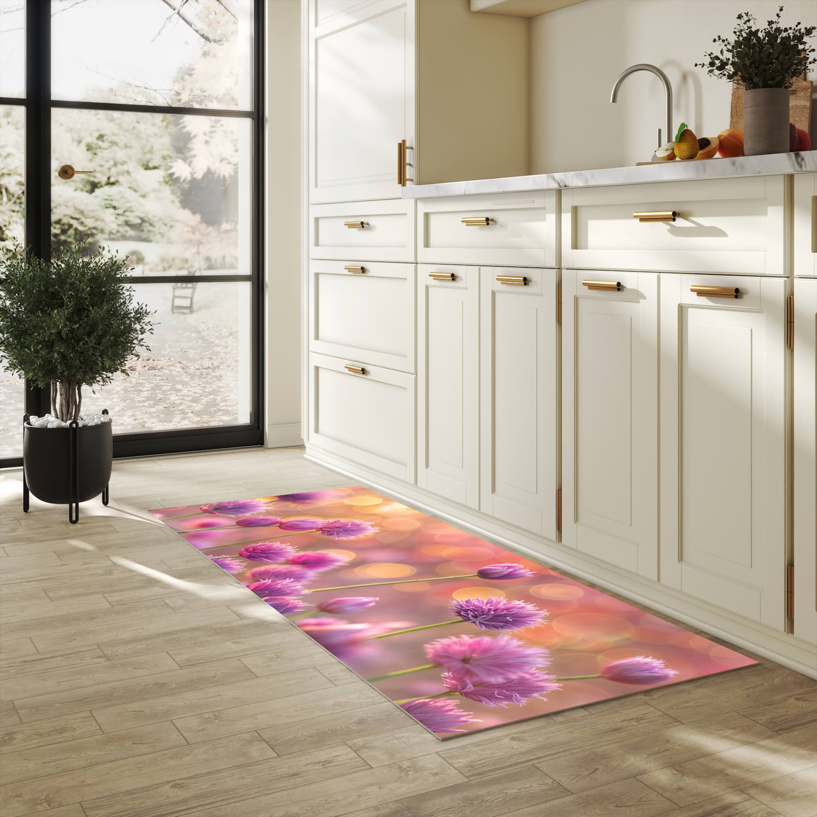 Hygienischer Küchenteppich mit Motiv Blühende Zierlauch in heller Küche