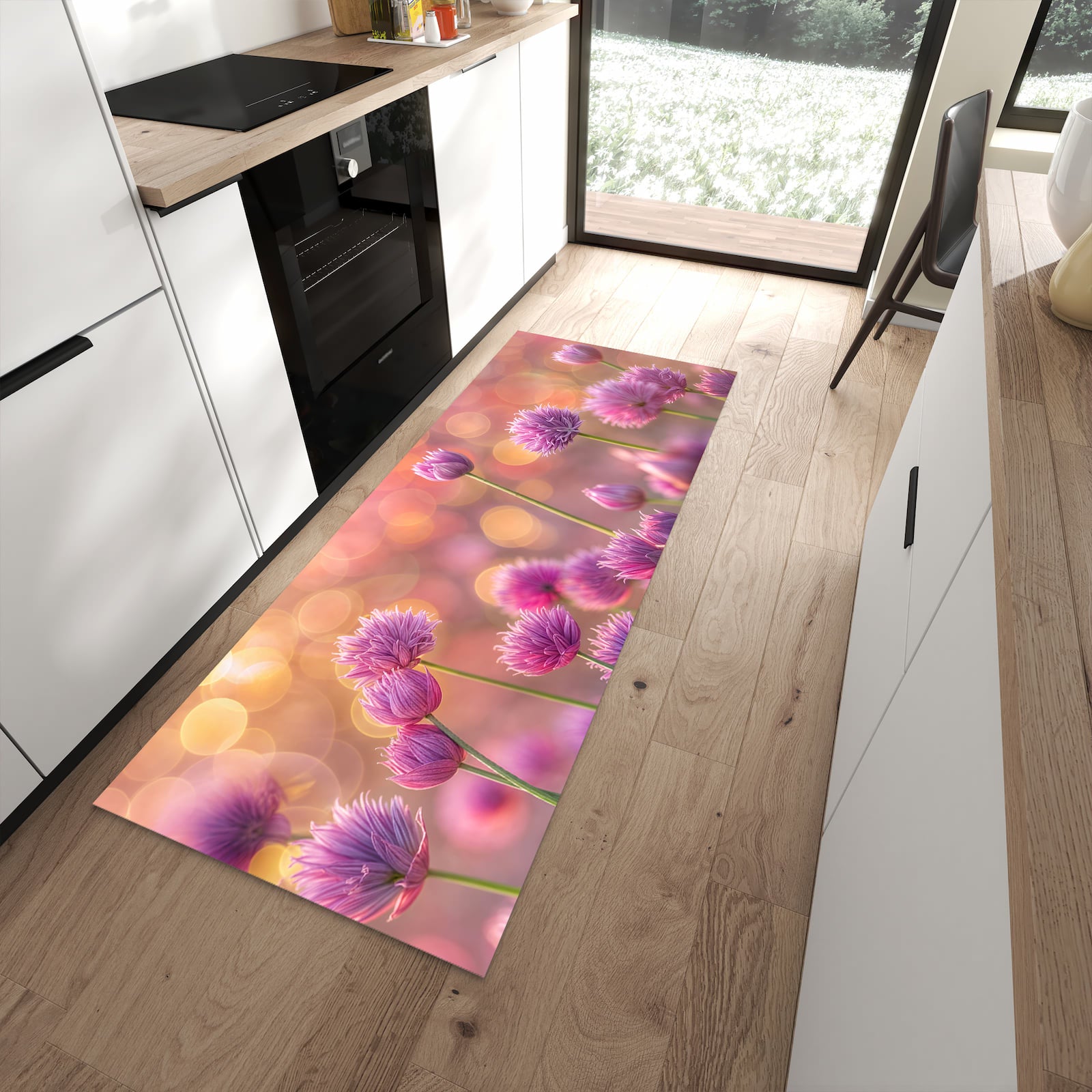 Komfortabler Küchenläufer nach Maß mit Motiv Blühende Zierlauch in moderner Küche