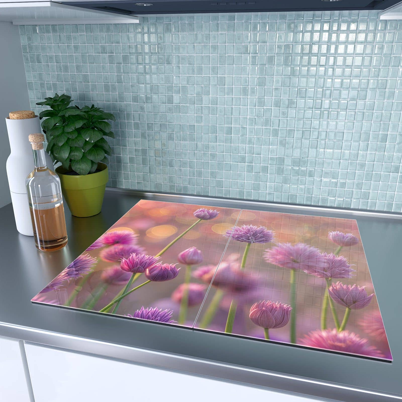 2-teilige Herdabdeckplatte mit Blühende Zierlauch-Motiv auf dem Ceranfeld