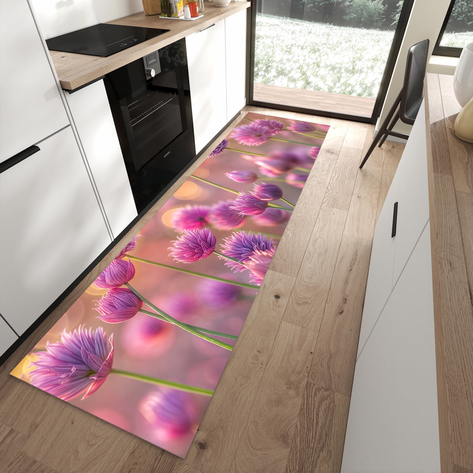 Fleckenresistenter moderner Küchenläufer mit Motiv Blühende Zierlauch in moderner Küche