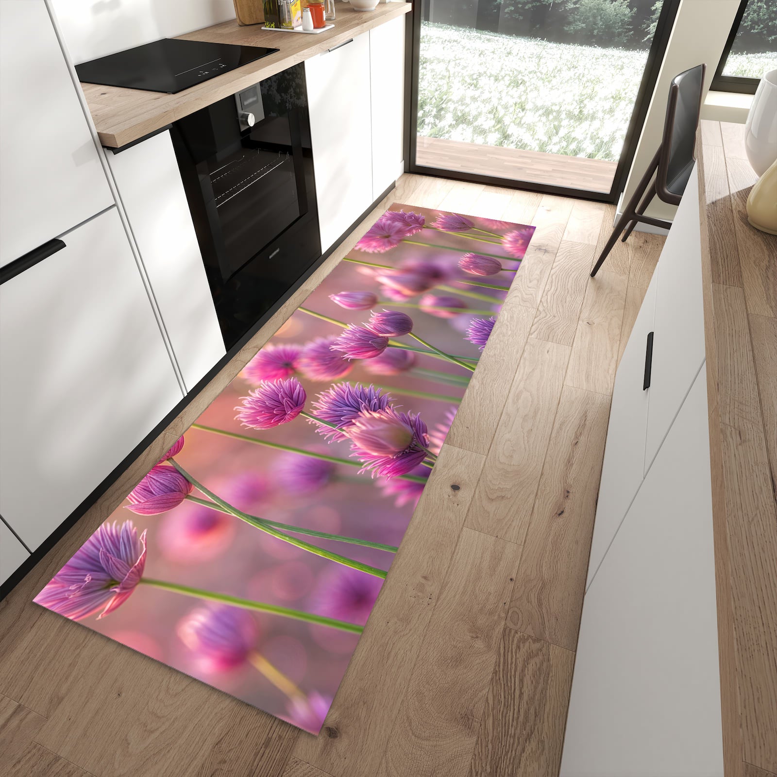 Wasserabweisender Küchenläufer mit Motiv Blühende Zierlauch in moderner Küche