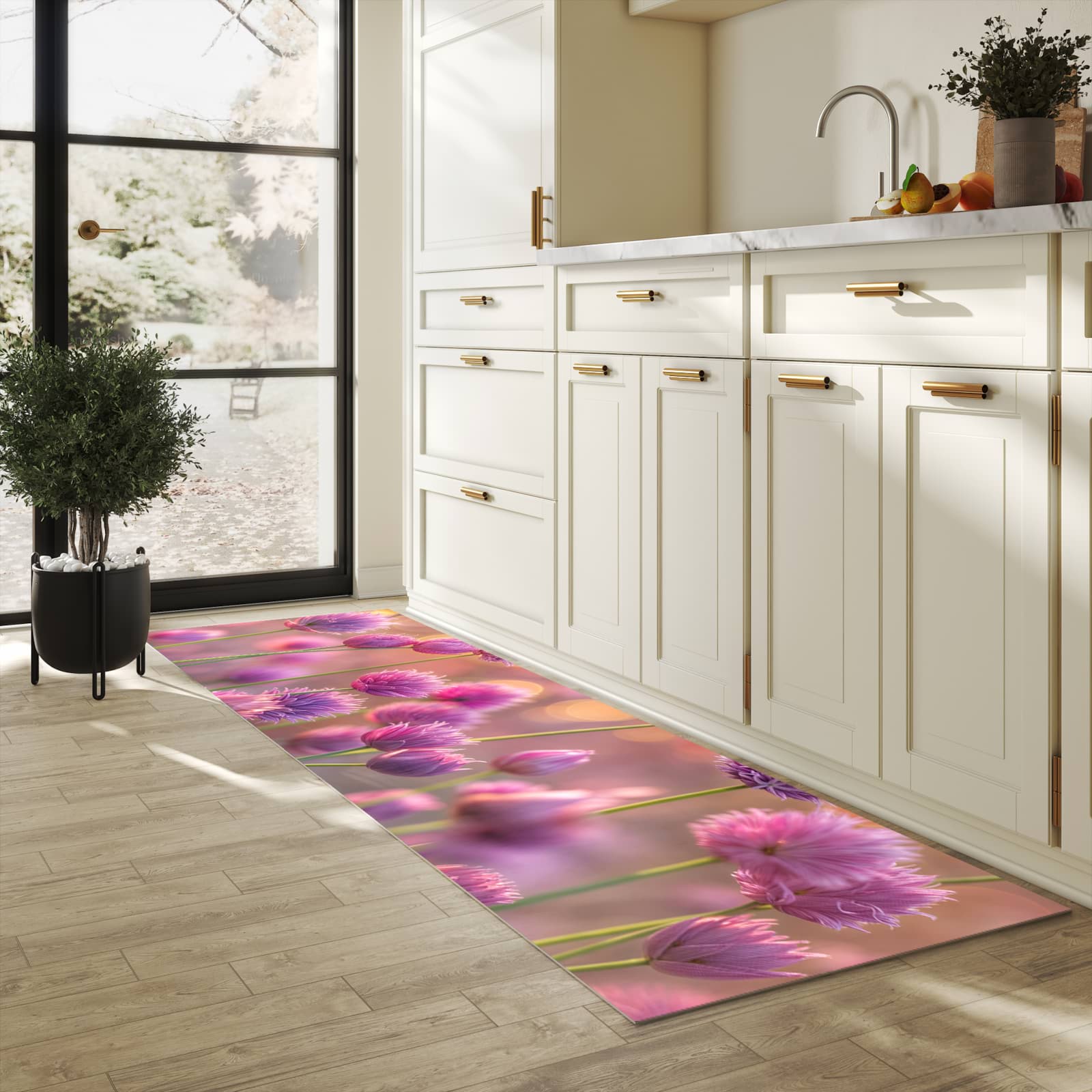 Waschbarer Küchenteppich mit Motiv Blühende Zierlauch in heller Küche