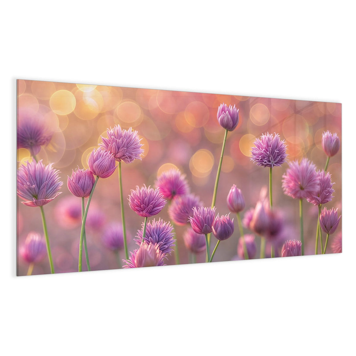 Rosa-violette Lauchblüten auf dünnen Stielen vor warmem orangefarbenem Bokeh
