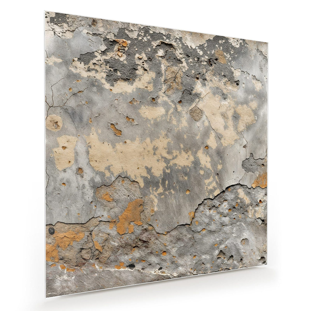Alte Wand mit abgeplatztem Putz in Grau, Beige und Ockerorange