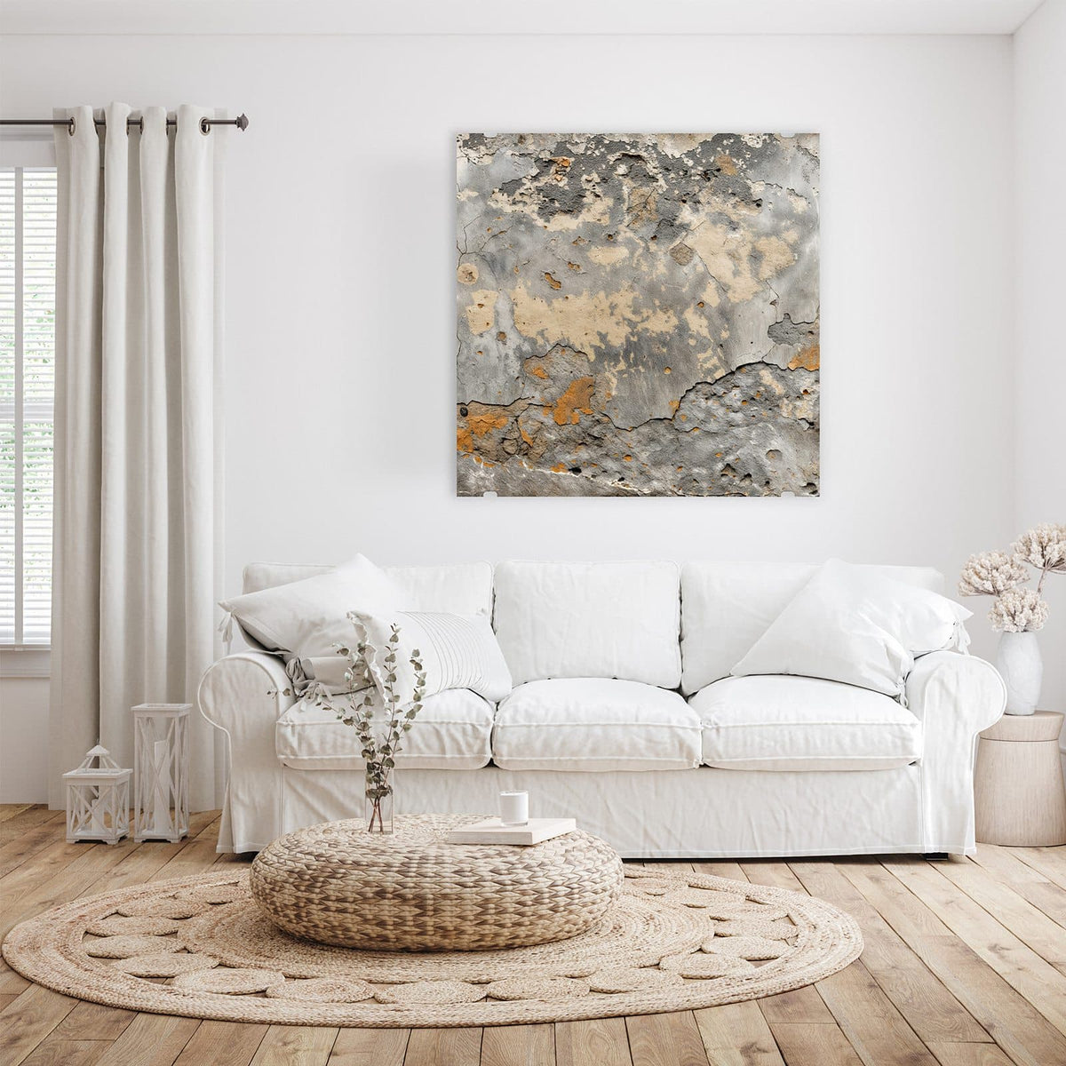 Glasbild Putz in Grau und Ocker an der Wand – Alte Wand mit abgeplatztem Putz in Grau, Beige und Ockerorange