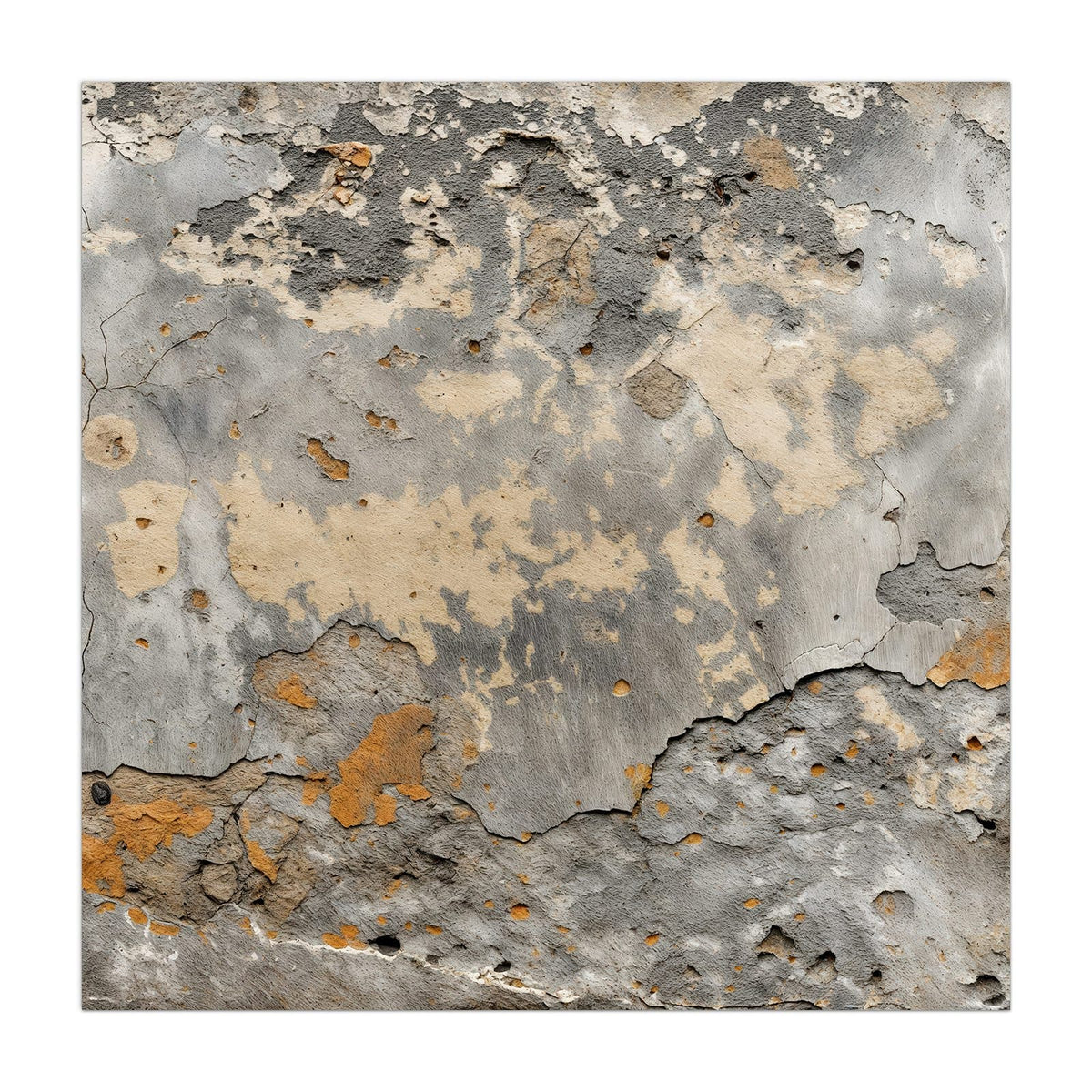 Alte Wand mit abgeplatztem Putz in Grau, Beige und Ockerorange