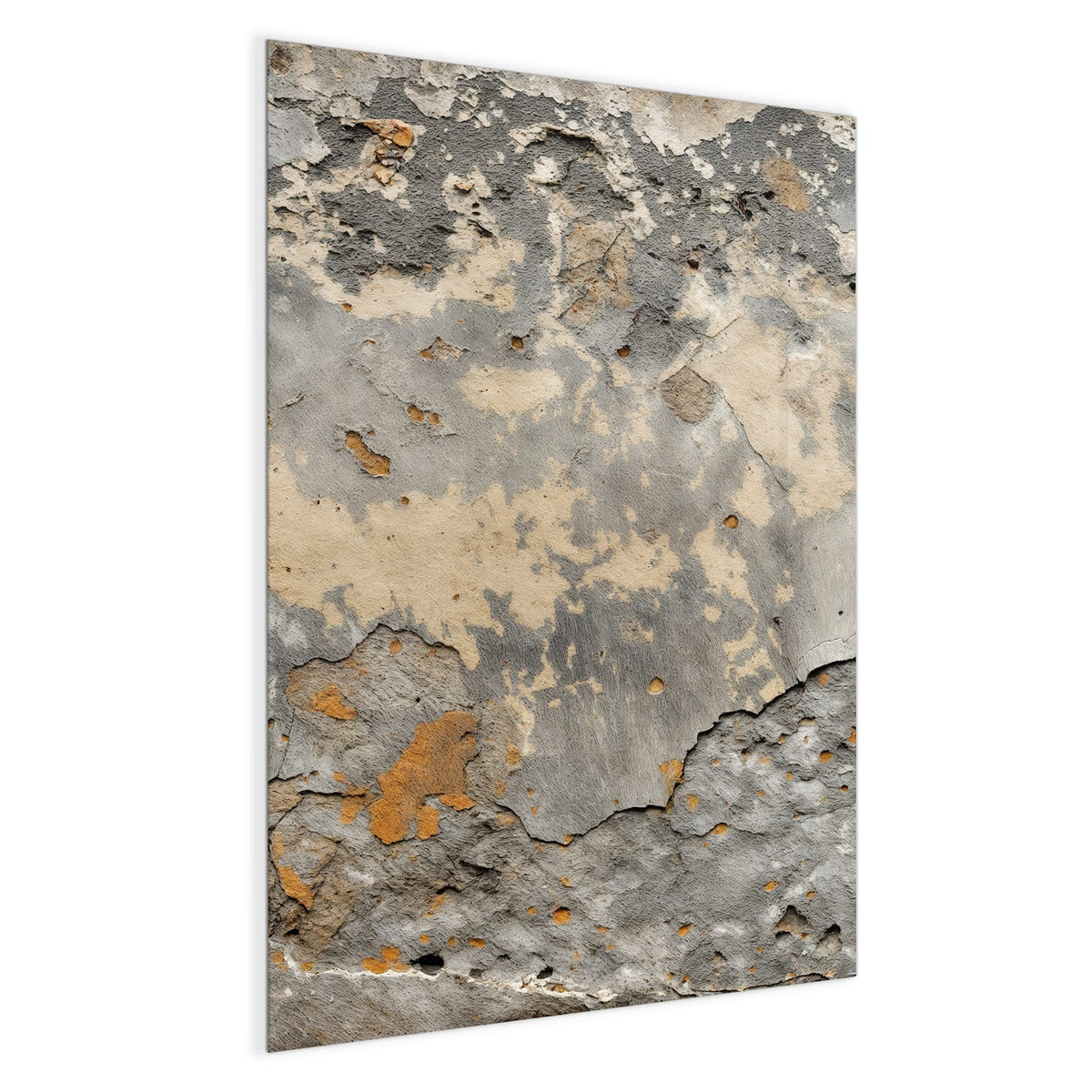 Alte Wand mit abgeplatztem Putz in Grau, Beige und Ockerorange